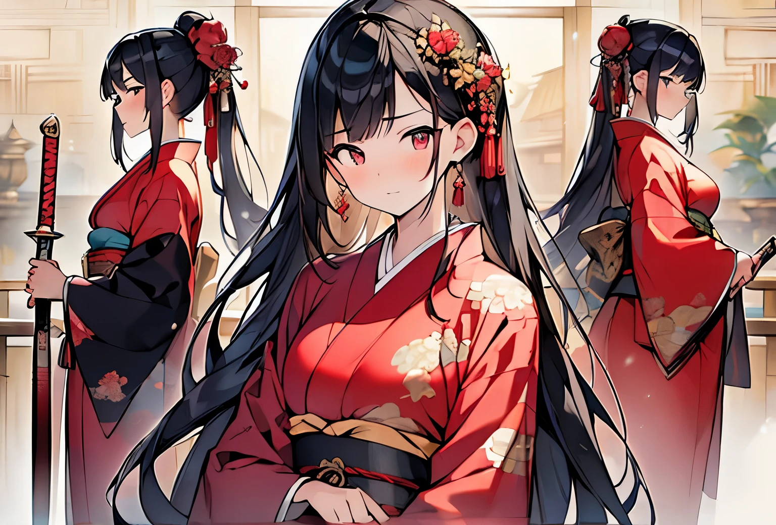 (((masterpiece))), (((best quality))), ((ultra-detailed)), (8K), anime style,(3girls), black hair,red Kimono, sleevelesuscular)), thick arms, ((holding weapon)), serious expression, golden folding screen,,