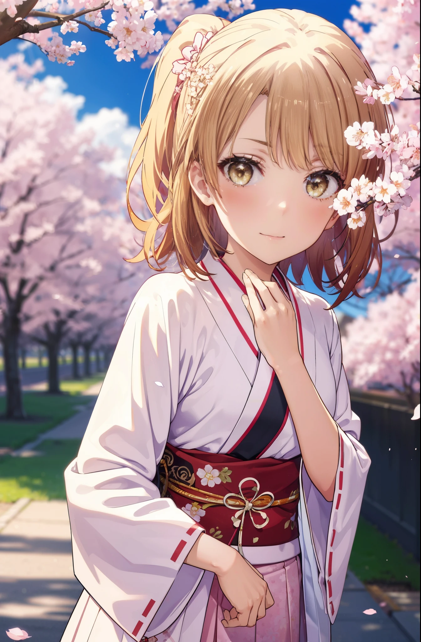 irohaisshiki, iroha isshiki,１girl girl, long hair,short braided hair,ponytail,cherry blossom hair ornament,brown hair, (brown eyes:1.5), smile,blush,Yellow floral pattern gorgeous kimono,Large sleeves,Zori sandals,Cherry blossom tree-lined path,The cherry blossoms have bloomed,Cherry blossoms are scattered,noon,spring,walk,
break outdoors, garden,
break looking at viewer ,Upper body,whole body,(cowboy shot:1. 5)
break (masterpiece:1.2), highest quality, High resolution, unity 8k wallpaper, (shape:0.8), (fine and beautiful eyes:1.6), highly detailed face, perfect lighting, Very detailed CG, (perfect hands, perfect anatomy),