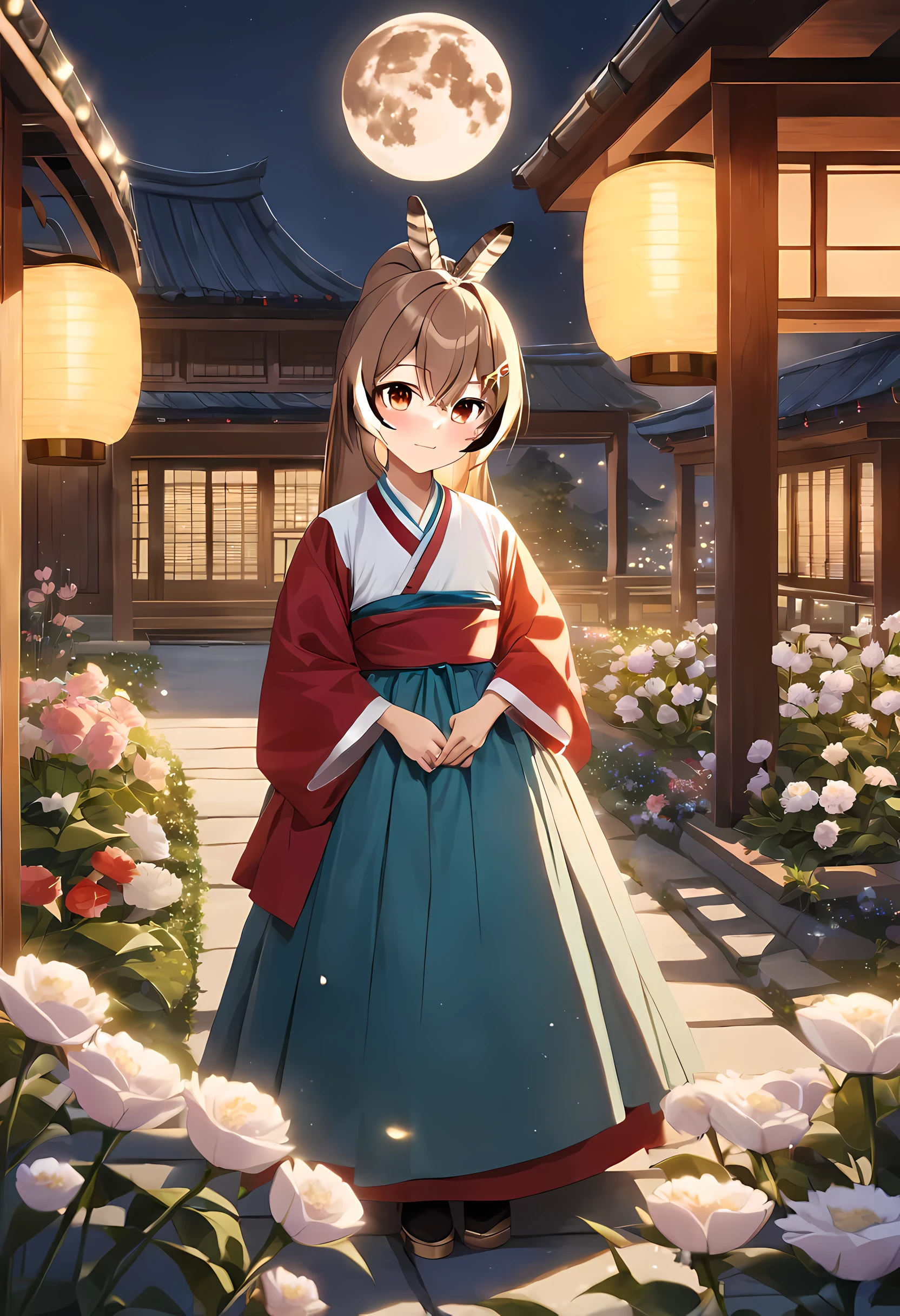 Qiwuwuming/(Holographic live broadcast/), (best quality,high resolution,clear image, Detailed background,girl,Hanbok,flowers,garden,moon,night,