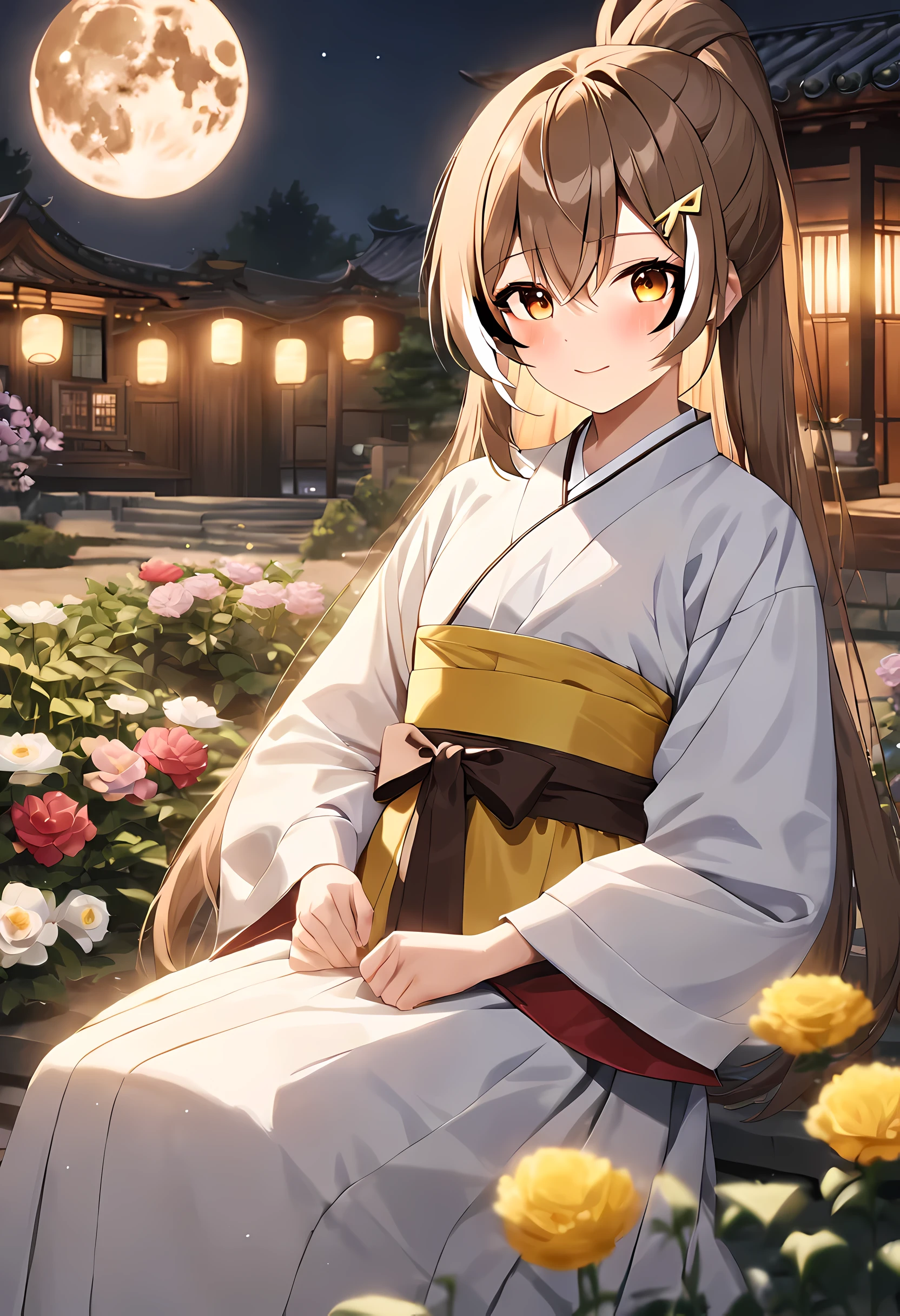 Qiwuwuming/(Holographic live broadcast/), (best quality,high resolution,clear image, Detailed background,girl,Hanbok,flowers,garden,moon,night,