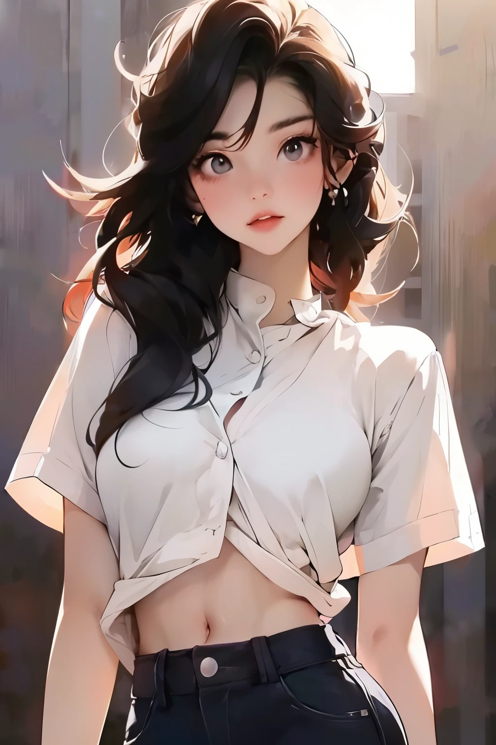 navel, split, (Big breasts: 1.2) feature, There is water on the body, Clothes are soaked, ((super mini skirt, tight body, Public hair is big, )), White shirt, tight body, ultra thin shirt, (super short shirt, downpour), wet clothes, long hair, black hair, curls, double eyelids, ear nipple ring, no bra, , no underwear, curvy body, Sexy figure, Perfect body, ((Realistic lighting, best quality, 8k, masterpiece:1.3)), sharp focus:1.2, 1 girl, Beautiful woman with perfect figure:1.4, Slim abs:1.1，Super thin face，beautiful eyes，double eyelids，