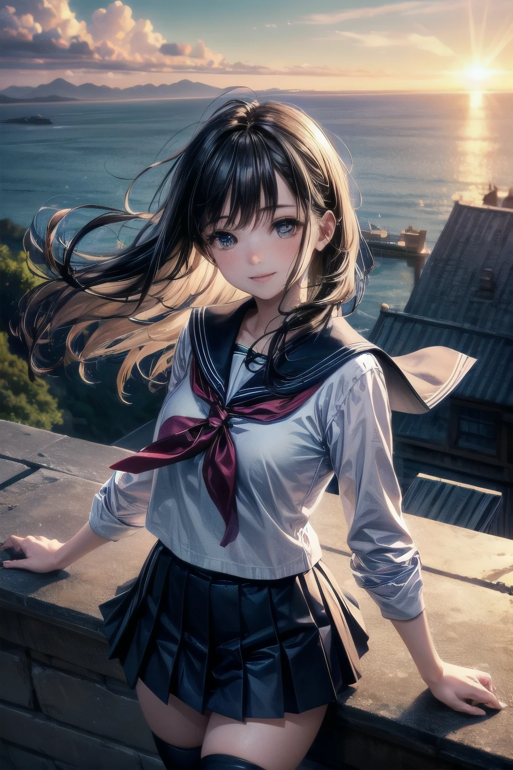 very cute and beautiful school girl viewing sea on hilltop,(highly detailed beautiful face),
smile,cowboy shot,(sailor school uniform,pleated navy blue mini skirt),black hair,zettai ryouiki,
(looking at sea,from top of hill),many houses with red roof,detailed landscape,
(best quality,masterpiece:1.2),absurdres,highres,ultra-detailed,extremely detailed,32k,8k resolution,
intricate details,cinematic scene,detailed background,solo,dynamic angle,
natural lighting,hair fluttering in the wind,beautiful detailed sky,