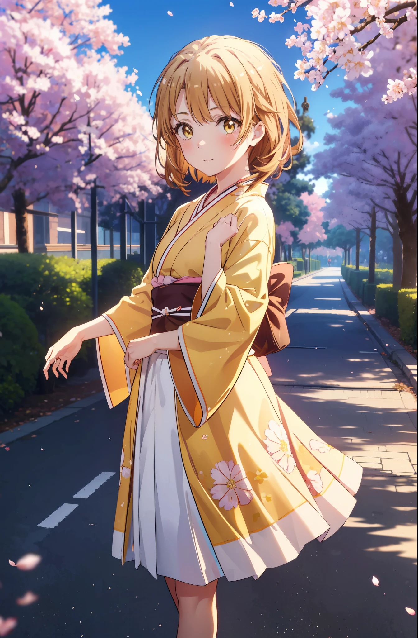 irohaisshiki, iroha isshiki,1girl girl, long hair,short braided hair,ponytail,cherry blossom hair ornament,brown hair, (brown eyes:1.5), smile,blush,Yellow floral pattern gorgeous kimono,Large sleeves,Zori sandals,Cherry blossom tree-lined path,The cherry blossoms have bloomed,Cherry blossoms are scattered,noon,spring,walk,
break outdoors, garden,
break looking at viewer ,Upper body,whole body,(cowboy shot:1. 5)
break (masterpiece:1.2), highest quality, High resolution, unity 8k wallpaper, (shape:0.8), (fine and beautiful eyes:1.6), highly detailed face, perfect lighting, Very detailed CG, (perfect hands, perfect anatomy),