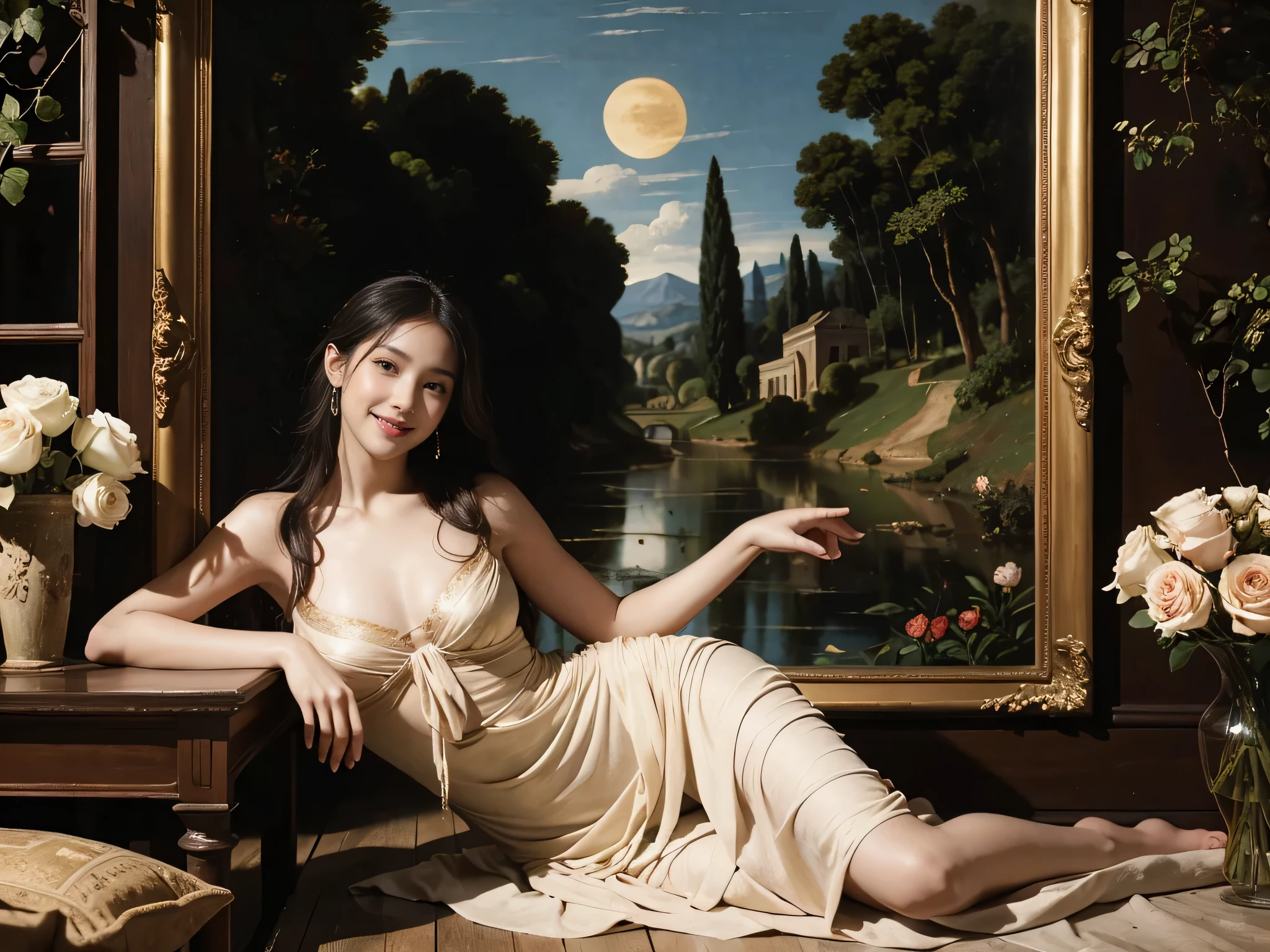 Giorgione&#39;s painting style,Discussion between two female philosophers,math、astronomical machine、astronaut、roses in vase、fruit、Cute trinkets、smile、ancient greek costume、The background is a forest lake at night 、Clothes that stretch your shoulders、A big smile、beautiful bare skin、A detailed representation of the seducing woman throughout her body..full body portrait, ancient roman ruins, Poussin style night view, A smile, , sweet and enchanting appearance.、caravaggio painting、Caravaggio&#39;s Chiaroscuro、My hair was messed up by the wind, two women having fun, Cute smile, expression of ecstasy, Sexy, erotic