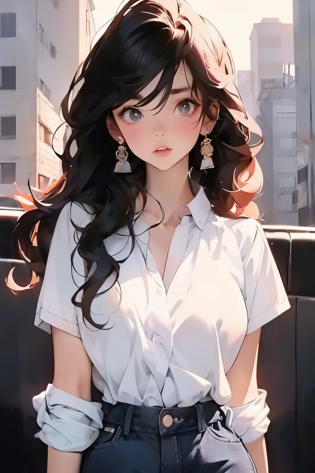 navel, split, (Big breasts: 1.2) feature, There is water on the body, Clothes are soaked, ((super mini skirt, tight body, Public hair is big, )), White shirt, tight body, ultra thin shirt, (super short shirt, downpour), wet clothes, long hair, black hair, curls, double eyelids, ear nipple ring, no bra, , no underwear, curvy body, Sexy figure, Perfect body, ((Realistic lighting, best quality, 8k, masterpiece:1.3)), sharp focus:1.2, 1 girl, Beautiful woman with perfect figure:1.4, Slim abs:1.1，Super thin face，beautiful eyes，double eyelids，