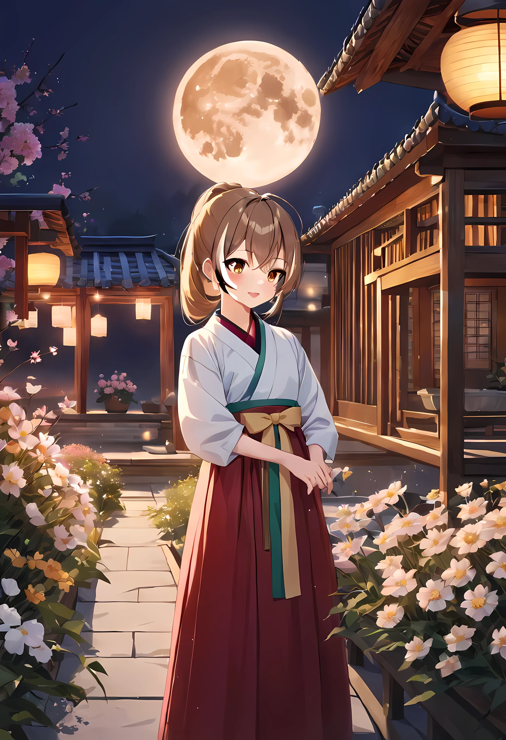 Qiwuwuming/(Holographic live broadcast/), (best quality,high resolution,clear image, Detailed background,girl,Hanbok,flowers,garden,moon,night,