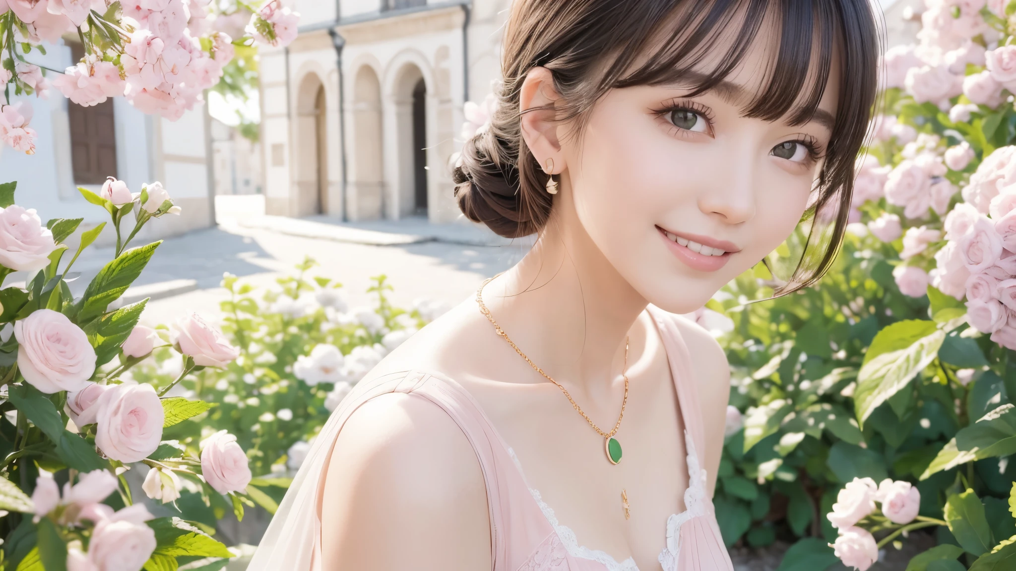 masterpiece, award winning, high quality, super detail, 8k, photo, girl, solo, smile, black hair, bangs, elegant dress, elegant clothes, spring clothes, modern fashion, (theme color is pale pink and peppermint green), complemented with a necklace, (close up), (portrait style), in an old European town, classic European architecture, in early spring, natural daylight, direct sunlight, harmonious color palette and composition