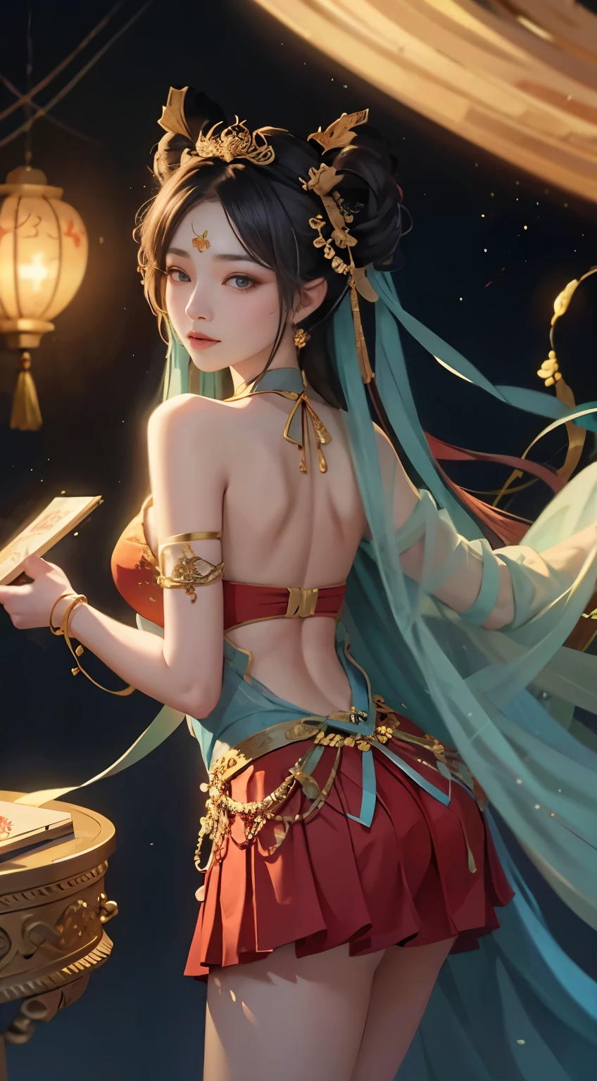 1 girl winks,
Dunhuang_clothing,
Dunhuang_style,
best quality,realistically,realistically,Award-winning illustrations,(intricate details:1.2),(Exquisite details),(Complex detailed lighting,Best quality backlight),clear lines,fashion girl,lock focus,lifelike臉,Detailed face,official art,Unity 8k桌布,ultra high resolution,(lifelike:1.5),sportswear,dance,King of Glory Gongsunli pictures