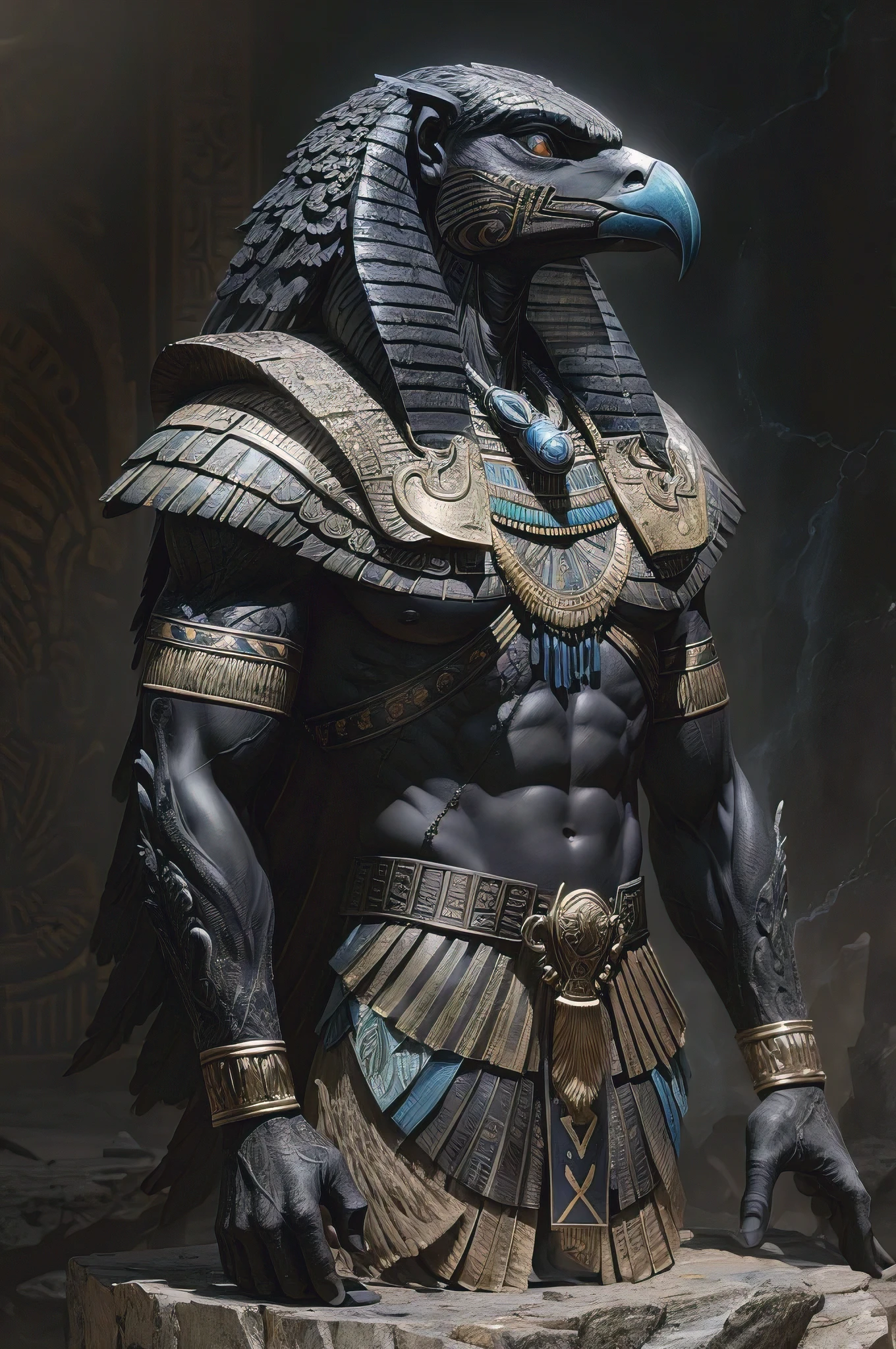 (male (humanoid android:1.1)), metallic body, stargatehorus, warrior of  horus, futuristic Egypt, glowing eyes,
((dynamic pose, over the shoulder view)), solo, dark detailed chamber, dim light,
muted color, realistic,
photorealistic,
depth of field,
(masterpiece, best quality:1.3), intricate, hdr, intricate details, hyperdetailed, cinematic,
stargate  <lora:add_detail:1> <lora:stargateHorus:0.5>