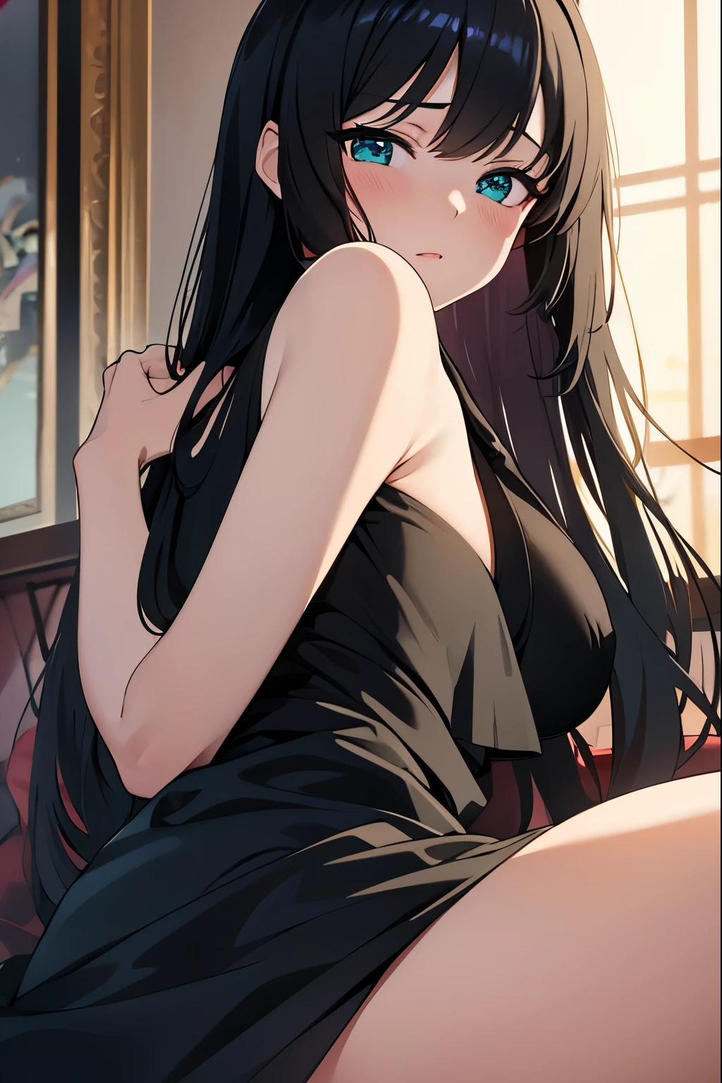 masterpiece，highest quality，High resolution，1 girl，long black hair，aqua eye，big breasts，Completely naked，masturbation，手でmasturbation，touch there