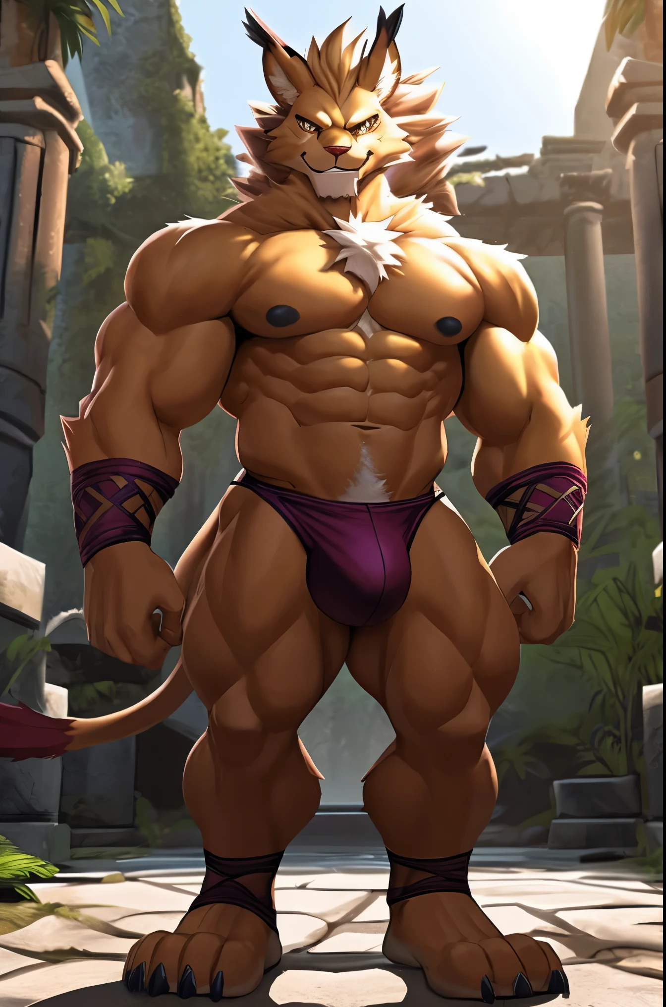 Male. Leomon. Digimon), standing on your feet, solo, nj5furry, (Leomon, massive, huge, young face, , bodybuilders body), Leomon, ((extremely realistic shadows, masterpiece, extremely detailed, photorealistic)), kemono, young, teen16 years)), firm back, massive back, round butt, firm and shapely buttocks, back, broad shoulders, standing on your back, firm buttocks, round buttocks, shapely buttocks, massive and very muscular back, (((BROWN FUR))) Leomon, ((detailed face)) red nose, red eyes, ((detailed eyes)), smile, mischievous smile, mischievous expression, white teeth, mouth slightly open, red tongue, brown skin, brown fur, brown hair, sexy, height 3 meters high, the optimal height, tight clothing, body full of muscleuscle bulge pecs, bulge in the crotch, massive ripped abs, V-shaped body, thick waist, long legs, strong arms manly, handsome face, attractive cool calm face type with a cold smile, bodybuilder body, topless. Ruins of a Jedi temple behind him; bulge in the crotch, wears a tiny tight thong that reveals huge, muscular thighs, bulge biceps, looking at viewer. Singlelightsource, Sharp shadows, Single portrait,drools