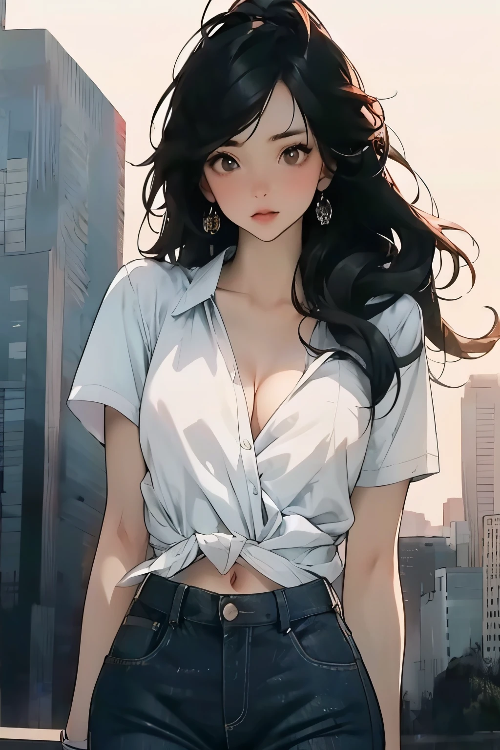 navel, cleavage, (Big chest: 1.2) Features, There is water on the body, Clothes are soaked, ((Ultra mini skirt, Tight body, Public hair is huge, )), White shirt, Tight body, Ultra-thin shirt, (Extra short shirt, heavy rain), Wet clothes, Long hair, Black hair, Wavy hair, Double eyelids, 耳Nipple Ring, No bra, , no underwares, Curved body, Sexy body, Perfect body, ((Realistic lighting, best qualtiy, 8K, tmasterpiece:1.3)), sharp fokus:1.2, 1girll, Beautiful Women with Perfect Figure:1.4, Slim abs:1.1，Ultra-fine face，Fine eyes，double eyelid，