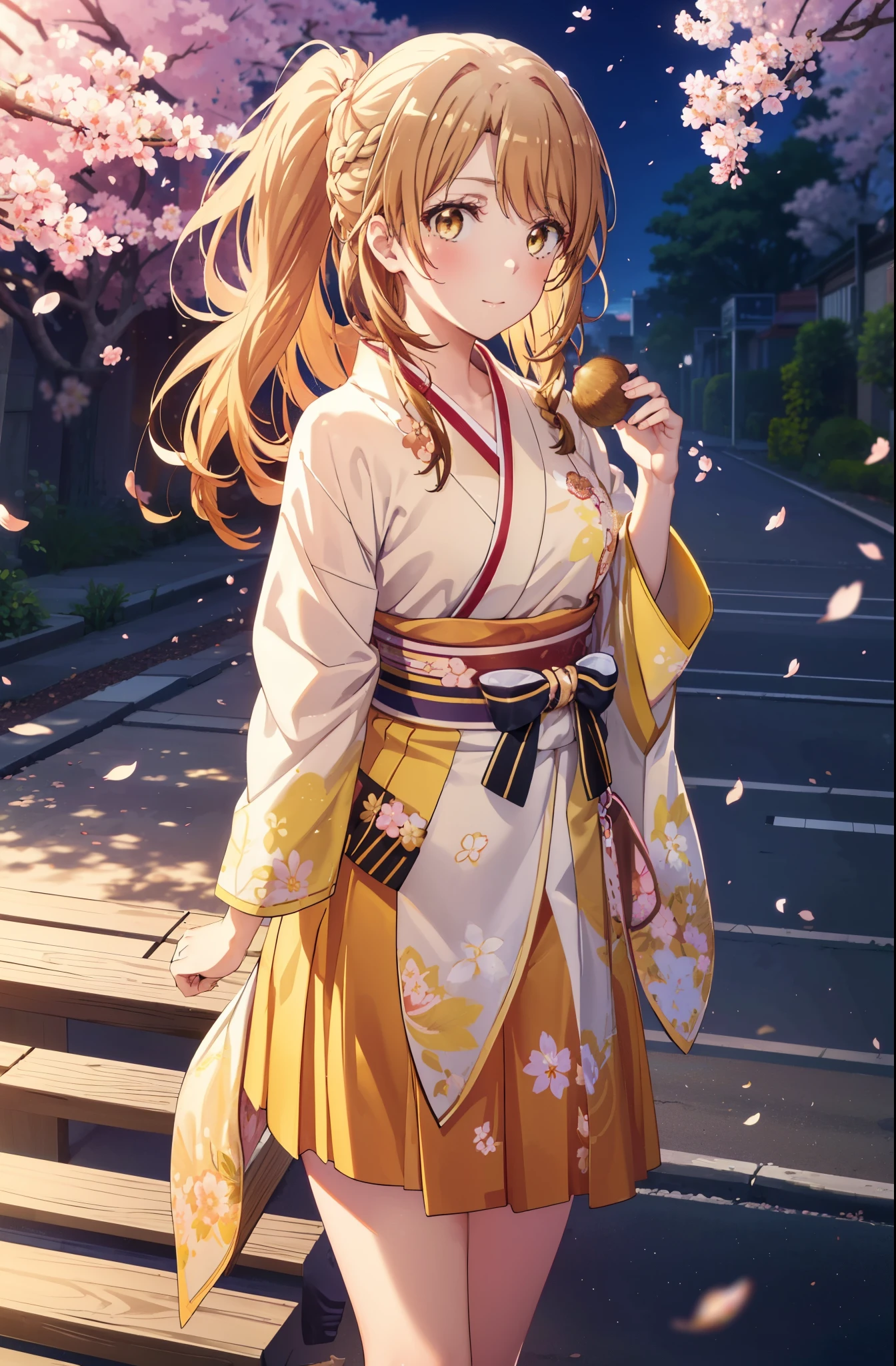 irohaisshiki, iroha isshiki,１girl girl, long hair,short braided hair,ponytail,cherry blossom hair ornament,brown hair, (brown eyes:1.5), smile,blush,Yellow floral pattern gorgeous kimono,Large sleeves,Zori sandals,Cherry blossom tree-lined path,The cherry blossoms have bloomed,Cherry blossoms are scattered,noon,spring,walk,
break outdoors, garden,
break looking at viewer ,Upper body,whole body,(cowboy shot:1. 5)
break (masterpiece:1.2), highest quality, High resolution, unity 8k wallpaper, (shape:0.8), (fine and beautiful eyes:1.6), highly detailed face, perfect lighting, Very detailed CG, (perfect hands, perfect ???????),
