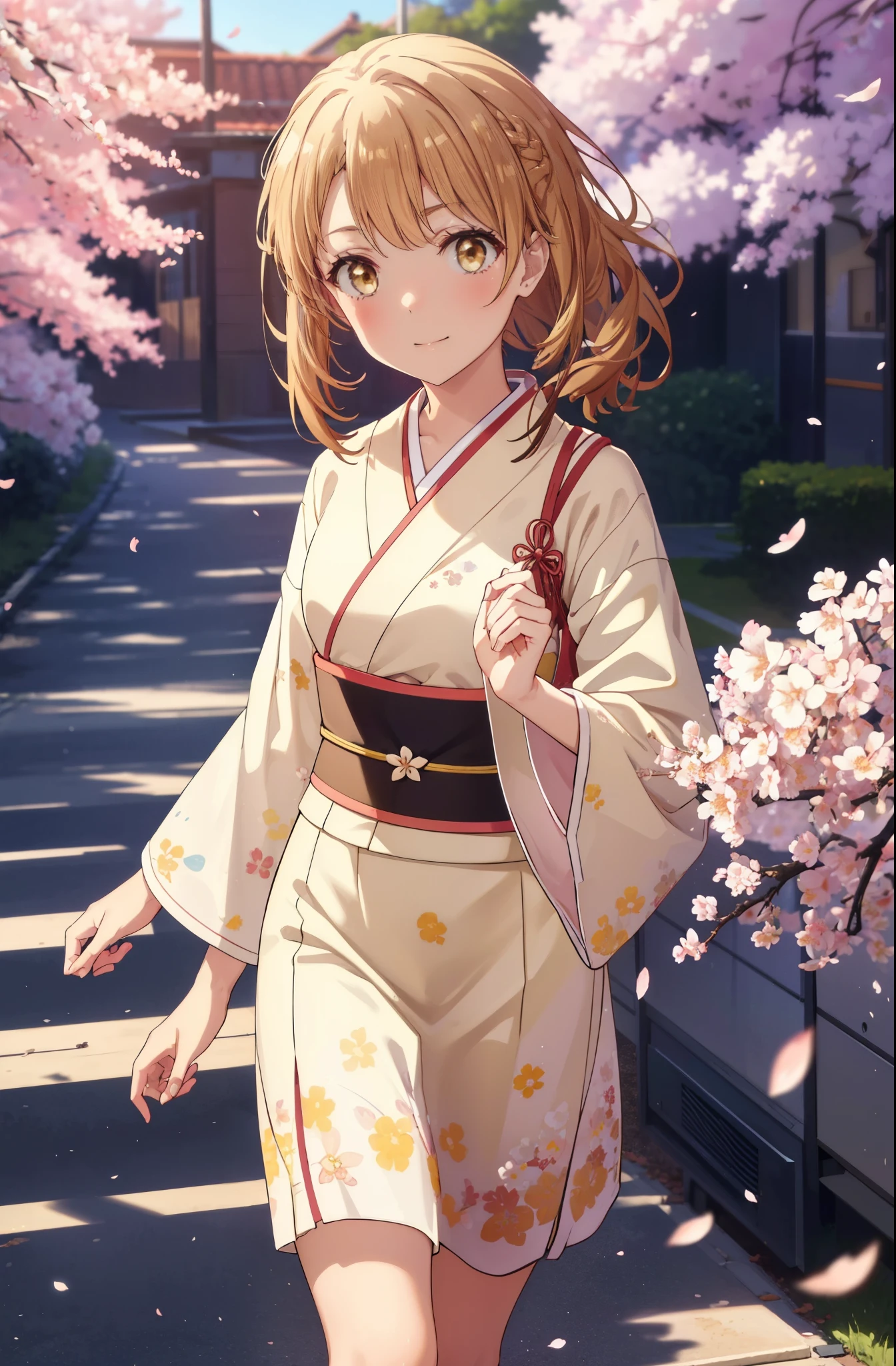 irohaisshiki, iroha isshiki,1girl girl, long hair,short braided hair,ponytail,cherry blossom hair ornament,brown hair, (brown eyes:1.5), smile,blush,Yellow floral pattern gorgeous kimono,Large sleeves,Zori sandals,Cherry blossom tree-lined path,The cherry blossoms have bloomed,Cherry blossoms are scattered,noon,spring,walk,
break outdoors, garden,
break looking at viewer ,Upper body,whole body,(cowboy shot:1. 5)
break (masterpiece:1.2), highest quality, High resolution, unity 8k wallpaper, (shape:0.8), (fine and beautiful eyes:1.6), highly detailed face, perfect lighting, Very detailed CG, (perfect hands, perfect anatomy),