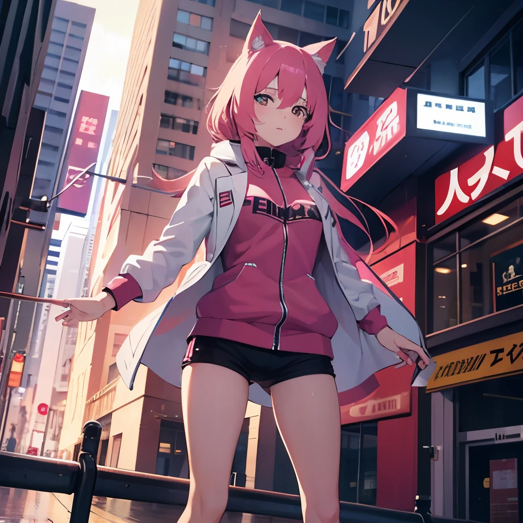 1 girl, red hair, pink eyes, cyberpunk clothes, is waving