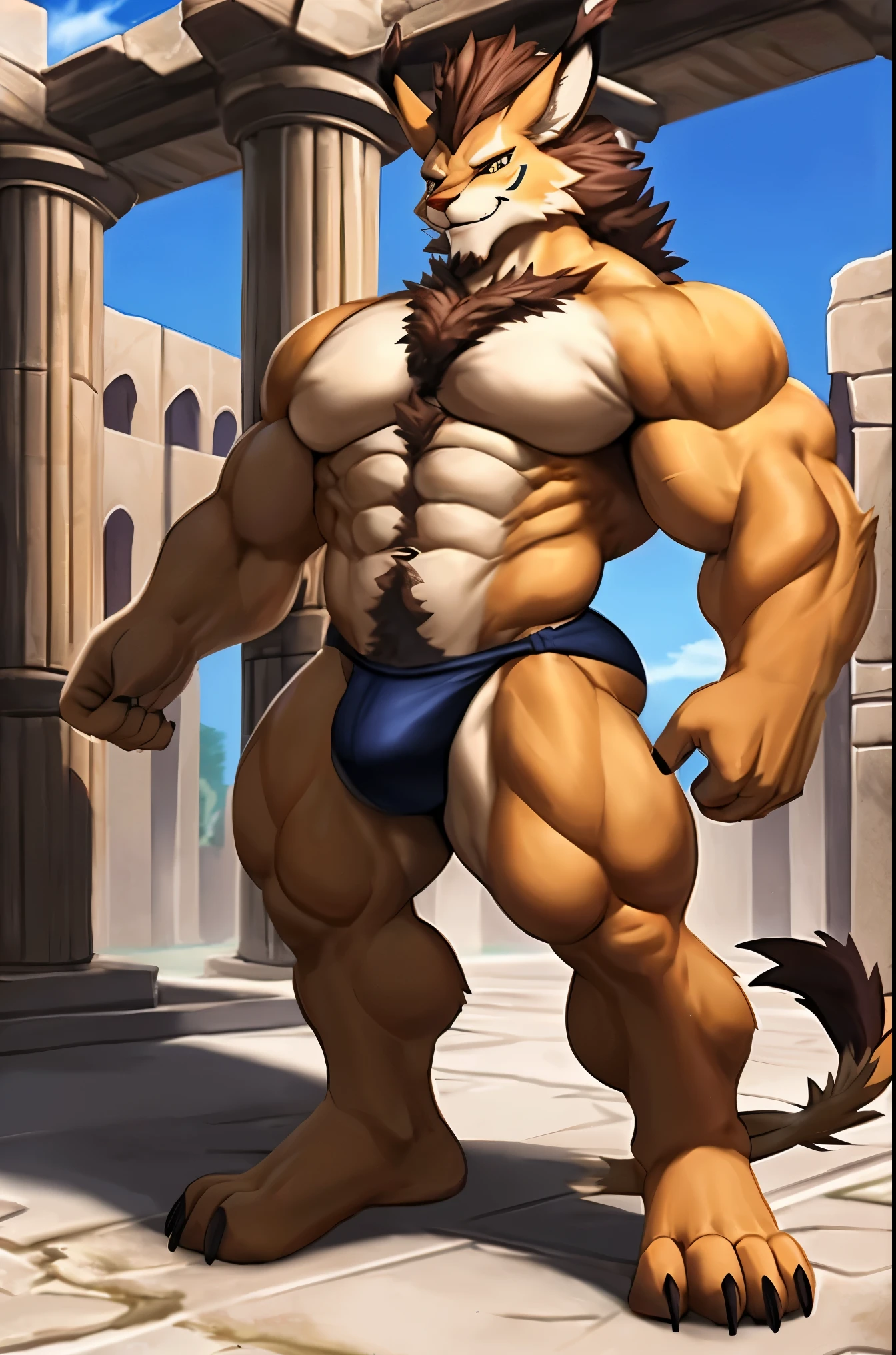 Male. Leomon. Digimon), standing on your feet, solo, nj5furry, (Leomon, massive, huge, young face, teen, bodybuilders body), Leomon, ((extremely realistic shadows, masterpiece, extremely detailed, photorealistic)), kemono, young, teen, (()), firm back, massive back, round butt, firm and shapely buttocks, back, broad shoulders, standing on your back, firm buttocks, round buttocks, shapely buttocks, massive and very muscular back, (((BROWN FUR))) Leomon, ((detailed face)) red nose, red eyes, ((detailed eyes)), smile, mischievous smile, mischievous expression, white teeth, mouth slightly open, red tongue, brown skin, brown fur, brown hair, sexy, height 3 meters high, the optimal height, tight clothing, body full of muscleuscle bulge pecs, bulge in the crotch, massive ripped abs, V-shaped body, thick waist, long legs, strong arms manly, handsome face, attractive cool calm face type with a cold smile, bodybuilder body, topless. Ruins of a Jedi temple behind him; bulge in the crotch, wears a tiny tight thong that reveals huge, muscular thighs, bulge biceps, looking at viewer. Singlelightsource, Sharp shadows, Single portrait,drools