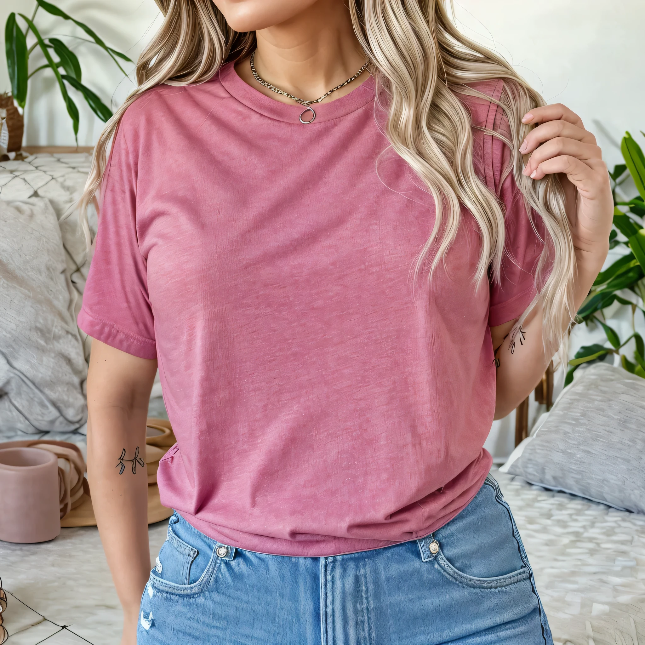 /imagine EtsyMockup, BellaCanvas, 1girl, close up, single blonde woman wearing pink tshirt, and blue jeans, in boho interior, realistic, etsy mockup, photography, one person, single shot, aesthetic photography, bright interior, sunny, bright windows, medium shot, woman facing camera, center framed