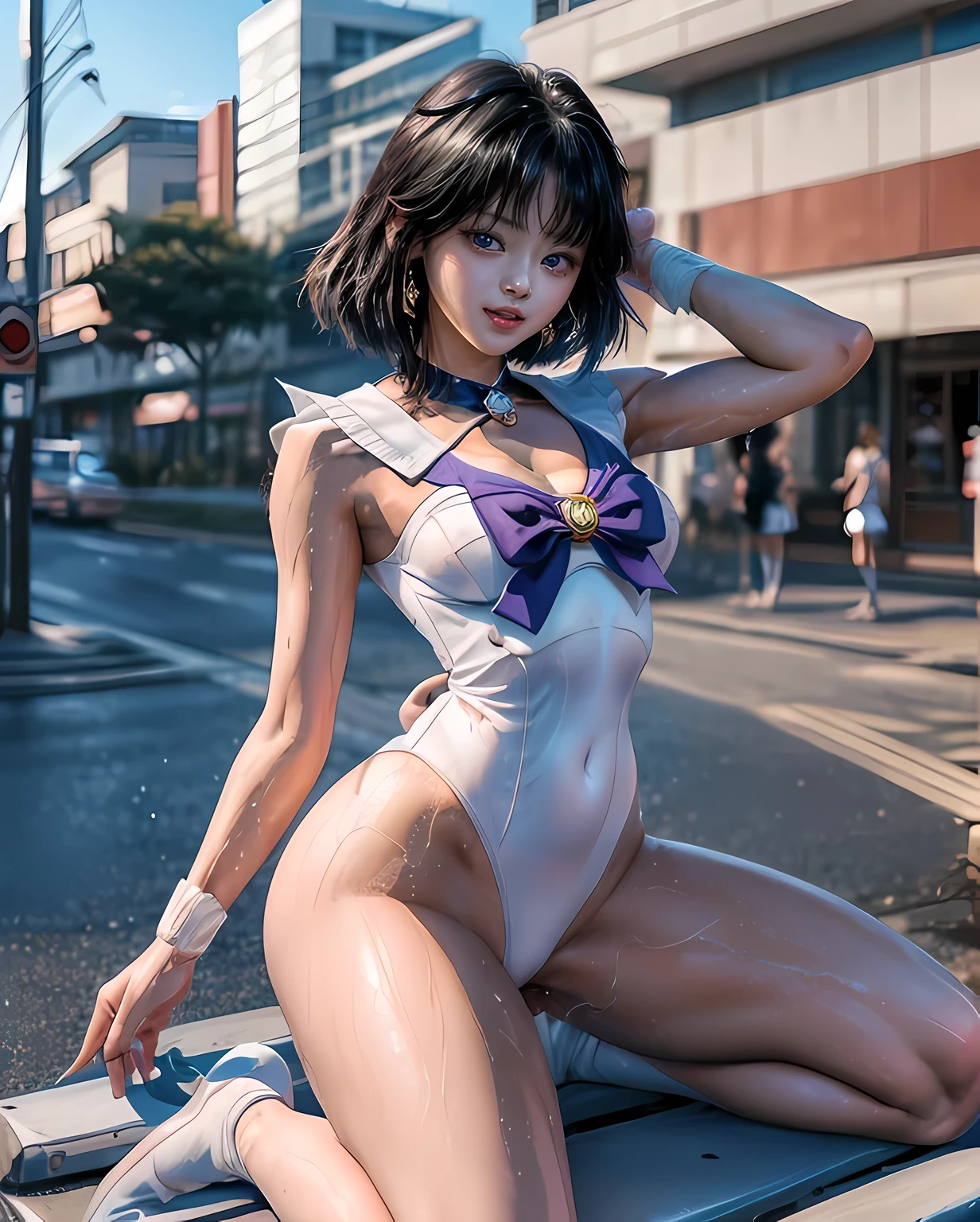 sailor saturnがCowgirlで性交する, (((realistic, highest quality, High resolution, real women pictures:1.2))), (((sailor saturnのレオタードを着ている16歳の女子高校生:1.3)), (sailor saturnのコスチューム), (slender body shape:1.74), Cowgirl性交する, ((anatomically correct:1.2)), short-haired with bangs, (I am wearing a white sailor warrior leotard whose fabric is too thin..:1.2), vaginaに陰茎を挿入するCowgirlポーズ, curved body, 大きく股を開いてCowgirl, A white leotard that sticks to your skin too much, vaginaの詳細な描写, beautiful thighs, Huge penis is pushed up by the girl'vagina, nose too small, toned stomach, beautiful girl has sex with her clothes on, saddle, Cowgirl, Girl Straddling Man, (normal limb), Too cute small face, the whole body is wet, put your hands behind your head, nostrils are not visible, realistic, vaginaが濡れている, lips slightly open, (anatomically correct:1.2), A guy inserts a penis into a girl, sailor saturn, on the street during the day