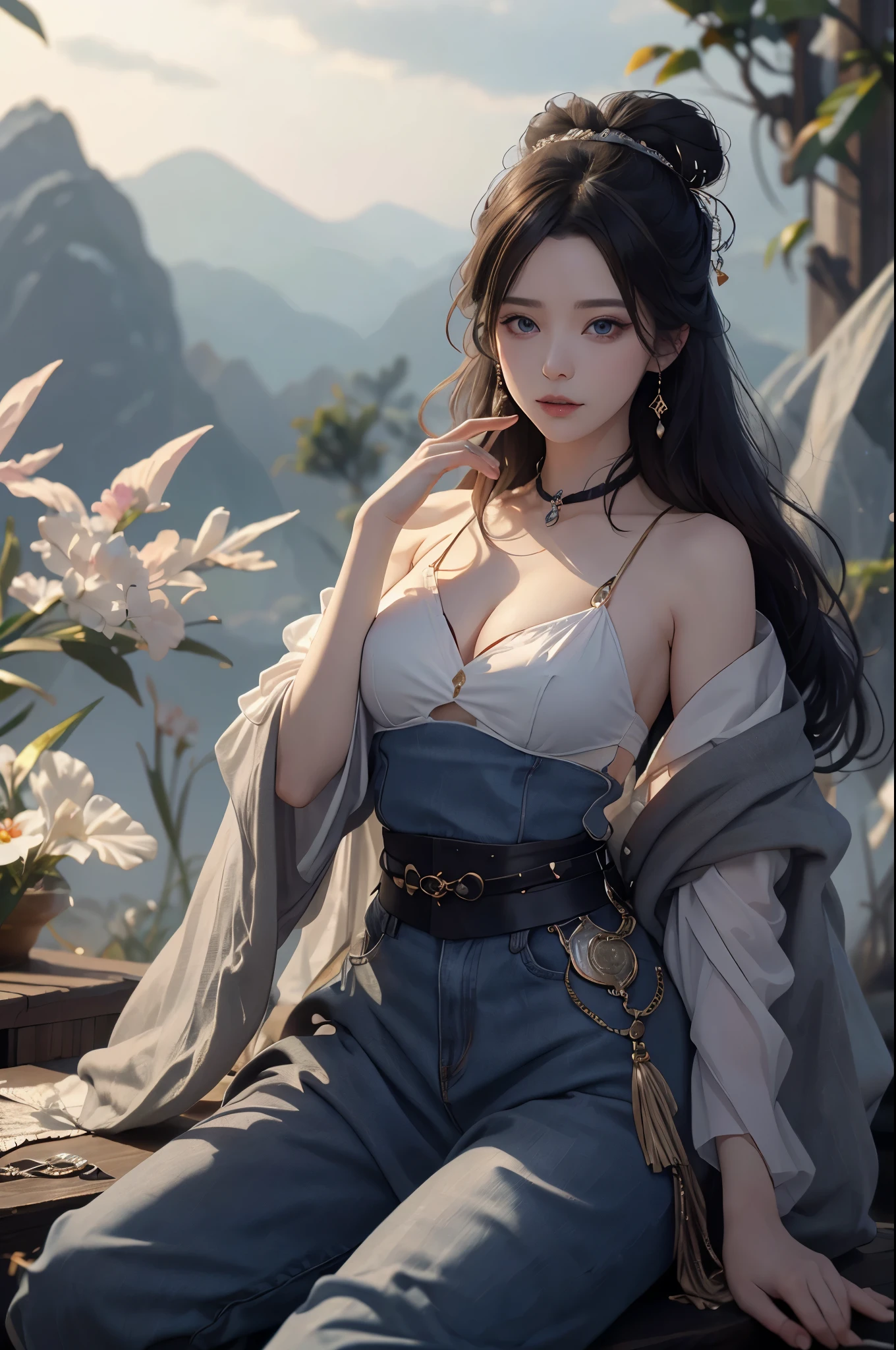Masterpiece, Best quality, Masterpiece,Best quality,offcial art,Extremely detailed Cg Unity 8K wallpaper, Night, stars, against backlight at dusk, Realistic, Photo, Real, landscape/scenery, Huge_filesize, the wallpaper, A MILF, Long hair, Purple hair, curly_Hair, Makeup , Light smile, Blue eyes, Medium breasts, Japanese_clothes, Obi, hair-bun, double bun hair, Earrings, jewelry, pendant, Black choker , wariza/W-sitting, Sit on the, Lying ,