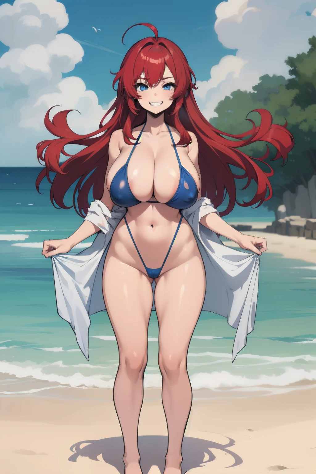 1girl,solo, standing , huge breasts, sagging breasts, barelegs,  slingshot swimsuit,  shiny skin, saddle, beach,grin,light blue eyes, red hair,long hair, plam tree, cloud 