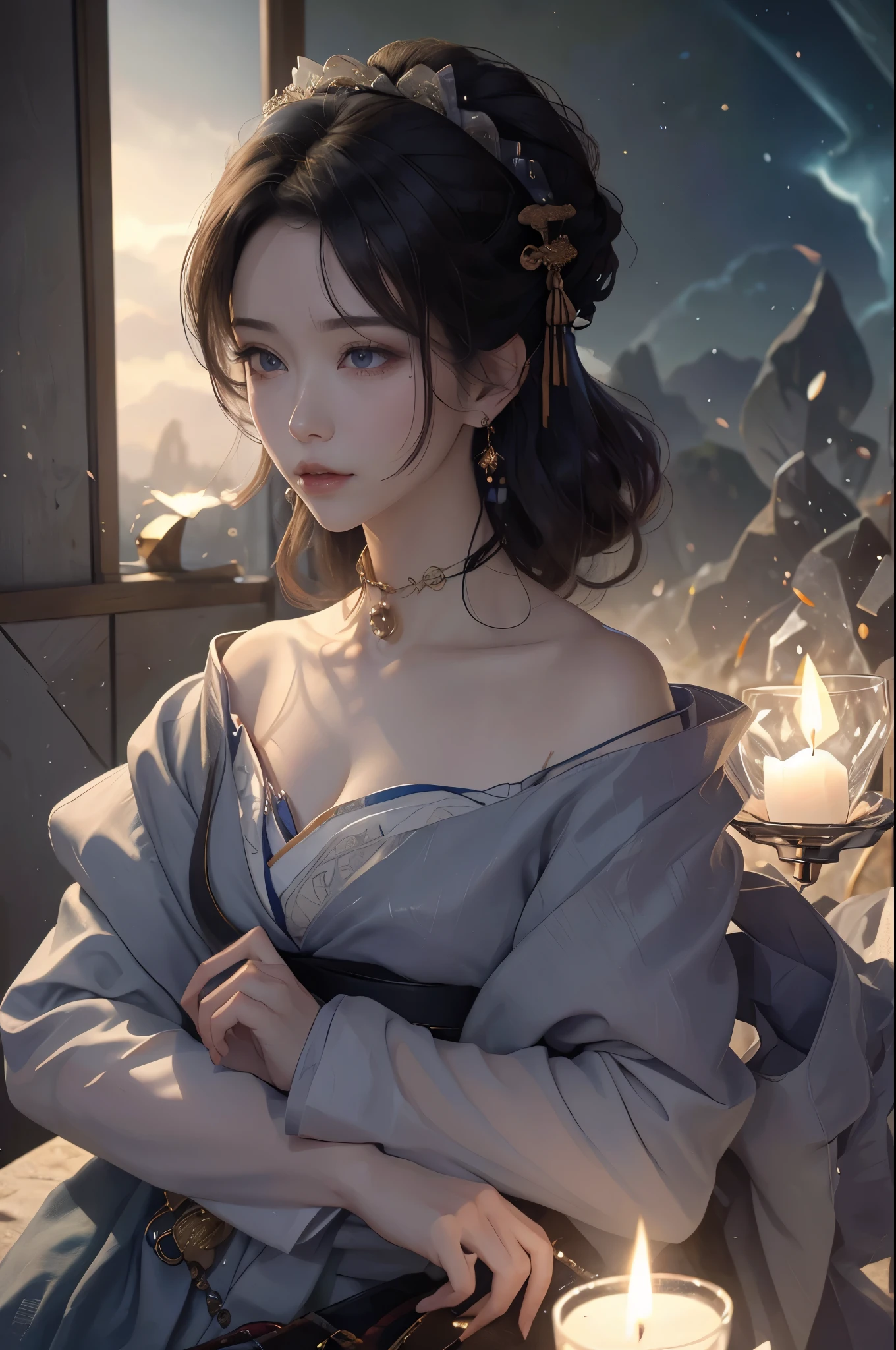 Masterpiece, Best quality, Masterpiece,Best quality,offcial art,Extremely detailed Cg Unity 8K wallpaper, Night, stars, against backlight at dusk, Realistic, Photo, Real, landscape/scenery, Huge_filesize, the wallpaper, A , Long hair, Purple hair, curly_Hair, Makeup , Light smile, Blue eyes, Medium breapanese_clothes, Obi, hair-bun, double bun hair, Earrings, jewelry, pendant, Black choker , wariza/W-sitting, Sit on the, Lying ,