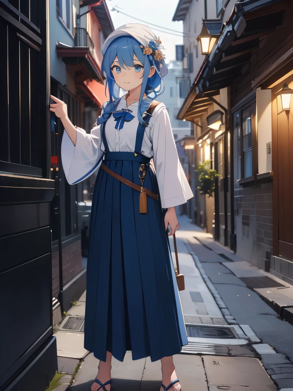 highest quality、High quality、masterpiece、anime、1 girl, orange sleeves, gray hair, white skin, light blue hair ornament, blue suspenders, blue clothes, light blue eyes, Barefoot, Double braid