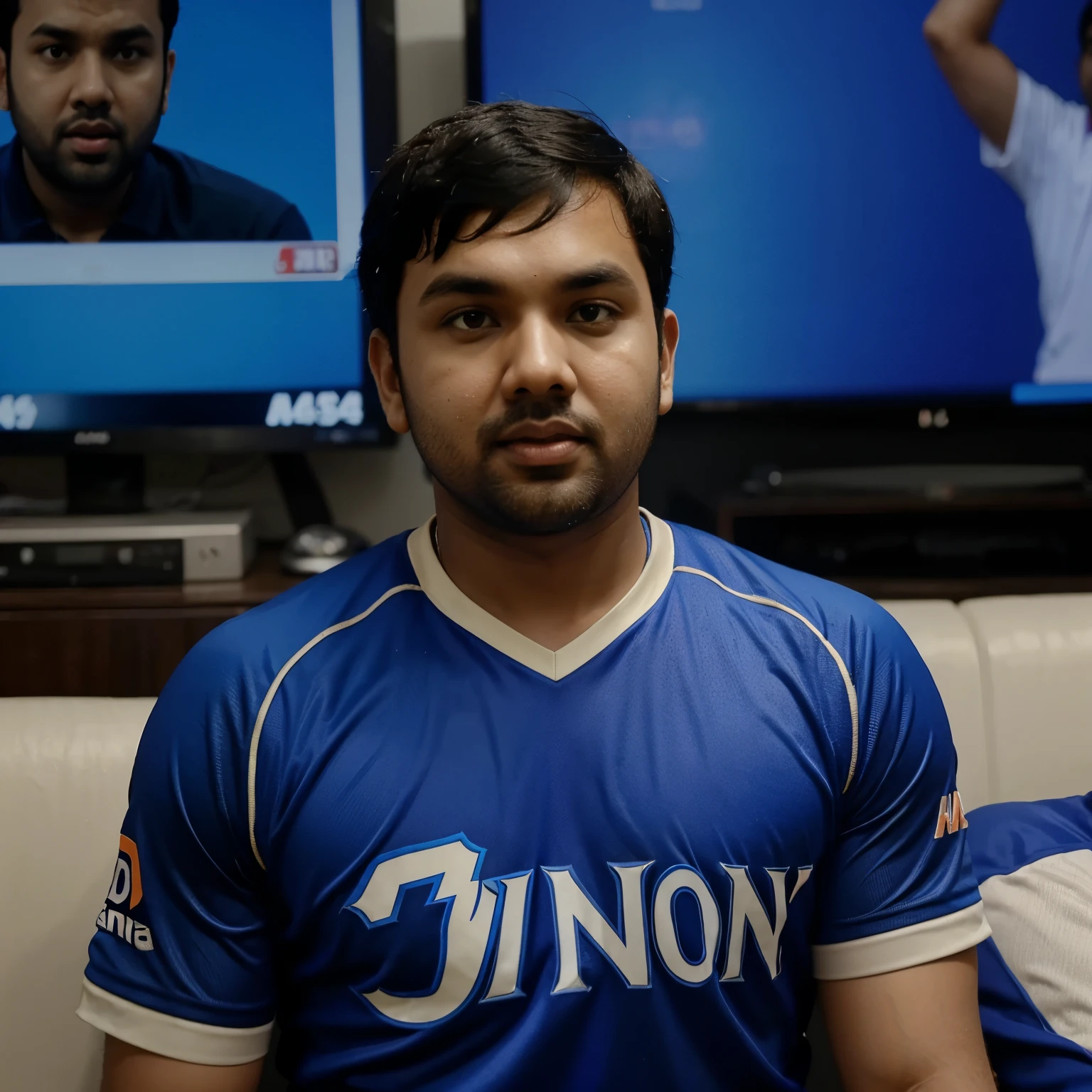 a boy watching Rohit Sharma on TV fan of Mumbai Indians wearing a jersey of Mumbai Indians with jersey number 45 and name taufiq