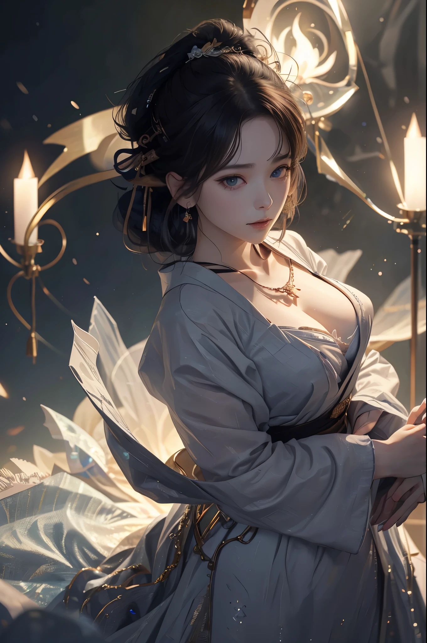 Masterpiece, Best quality, Masterpiece,Best quality,offcial art,Extremely detailed Cg Unity 8K wallpaper, Night, stars, against backlight at dusk, Realistic, Photo, Real, landscape/scenery, Huge_filesize, the wallpaper, A MILF, Long hair, Purple hair, curly_Hair, Makeup , Light smile, Blue eyes, Medium breasts, Japanese_clothes, Obi, hair-bun, double bun hair, Earrings, jewelry, pendant, Black choker , wariza/W-sitting, Sit on the, Lying ,