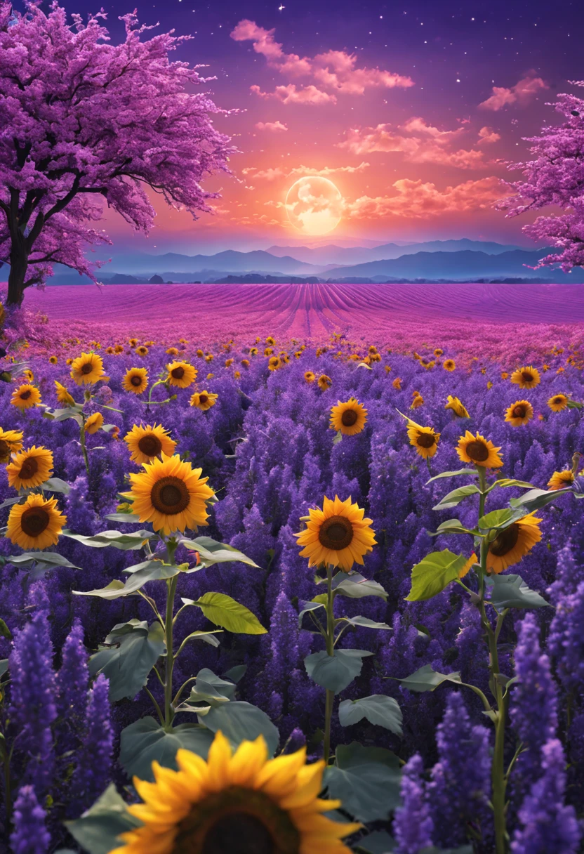 sea of flowers/Sea of flowers/sea of flowers sunflowers.Lavender.Cherry blossoms.Various varieties of roses.A sky full of stars.violet flower.(best quality,4k,8k,high resolution,masterpiece:1.2),Super detailed,(actual,photoactual,photo-actual:1.37),Sea of flowers景观