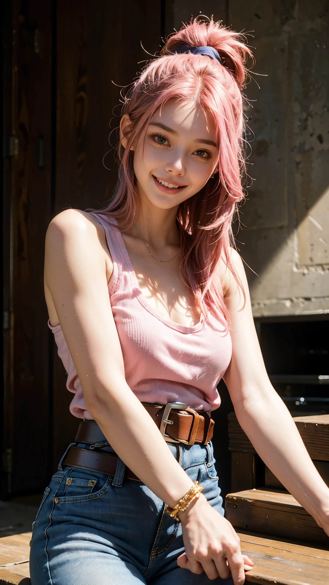 highest quality, masterpiece, ultra high resolution, (realistic:1.4), (portrait facing each other) RAW photo, 1 girl,on all fouredium chest)),,20-year-old,((sleeveless jeans)),((big buckle belt)),((hair tie on pink hair)),((look up at the audience)),realistic,((random background)),((toothy smile)),