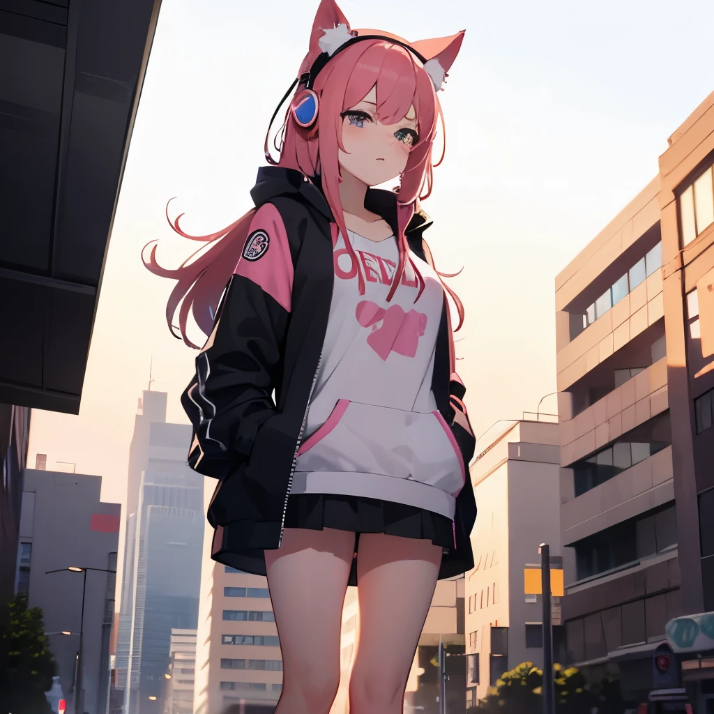 Lofi girl with cat ears on her head, pink hair, medium sized breasts, pink hair and white clothes walking in side perspective, with headphones in night cyberpunk city