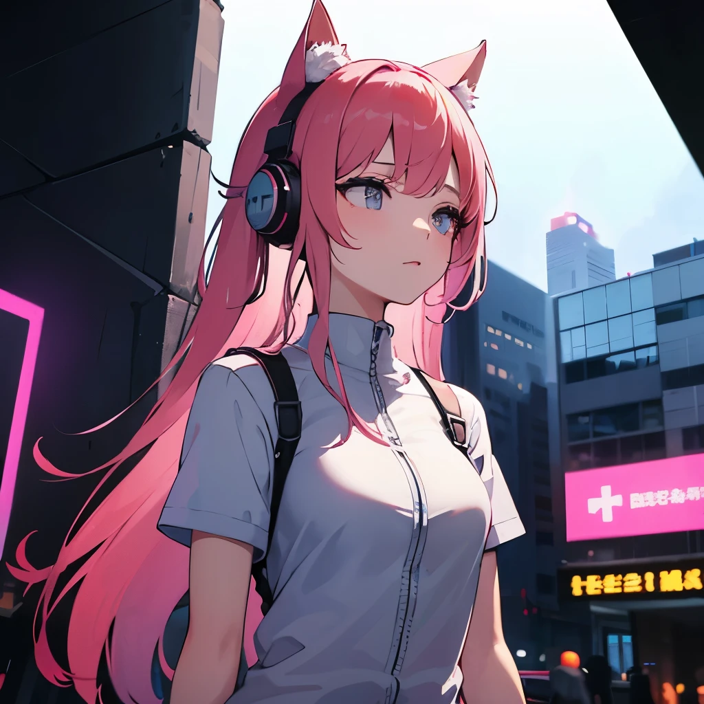 Lofi girl with cat ears on her head, pink hair, medium sized breasts, pink hair and white clothes walking in side perspective, with headphones in night cyberpunk city
