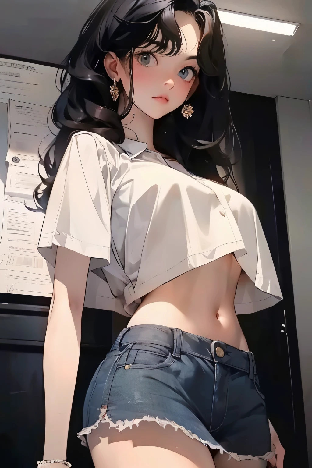 (navel, (big breasts: 1.3) features, drenched clothes, (ultra-mini skirt, tight body)), white shirt, sheer blouse, (crop top, pouring rain), long hair, black hair, curly hair, double eyelids, braless, no underwear, sexy figure, perfect physique, ((realistic lighting, best quality, 8k, masterpiece:1.3)), sharp focus:1.2, 1 girl, stunning beauty with perfect body:1.4, beautiful eyes, big buttocks