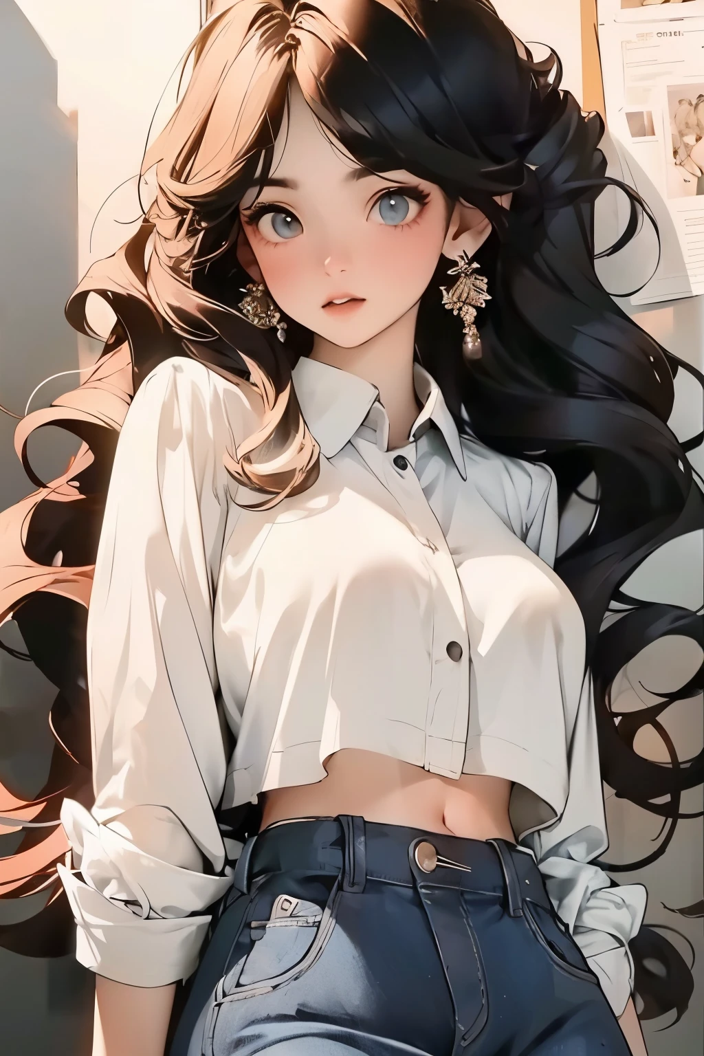 (navel, (big breasts: 1.3) features, drenched clothes, (ultra-mini skirt, tight body)), white shirt, sheer blouse, (crop top, pouring rain), long hair, black hair, curly hair, double eyelids, braless, no underwear, sexy figure, perfect physique, ((realistic lighting, best quality, 8k, masterpiece:1.3)), sharp focus:1.2, 1 girl, stunning beauty with perfect body:1.4, beautiful eyes, big buttocks