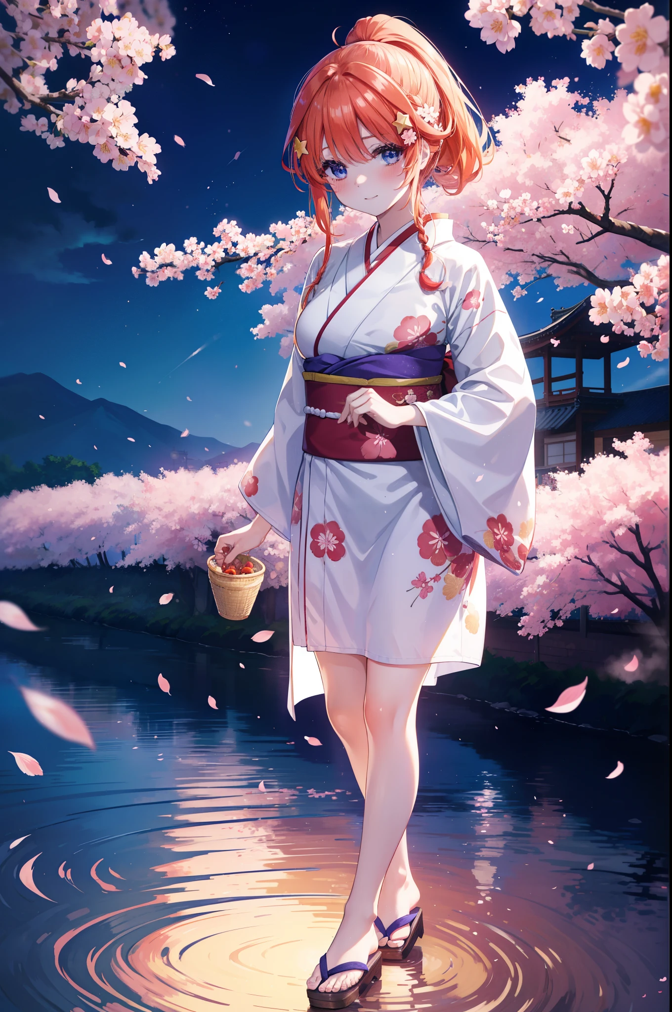 itsukinakano, Itsuki Nakano, bangs, blue eyes, hair between eyes, Ahoge, redhead, star \(symbol\), hair ornaments, star hair ornaments,short braided hair,ponytail,smile,blush,Gorgeous kimono with red floral pattern,Large sleeves,Zori sandals,Cherry blossom tree-lined path,The cherry blossoms have bloomed,Cherry blossoms are scattered,night,moonlight,Tsukimi cherry blossoms,spring,walk, 
break outdoors, garden,,
break (masterpiece:1.2), highest quality, High resolution, unity 8k wallpaper, (figure:0.8), (detailed and beautiful eyes:1.6), highly detailed face, perfect lighting, Very detailed CG, (perfect hands, perfect anatomy),