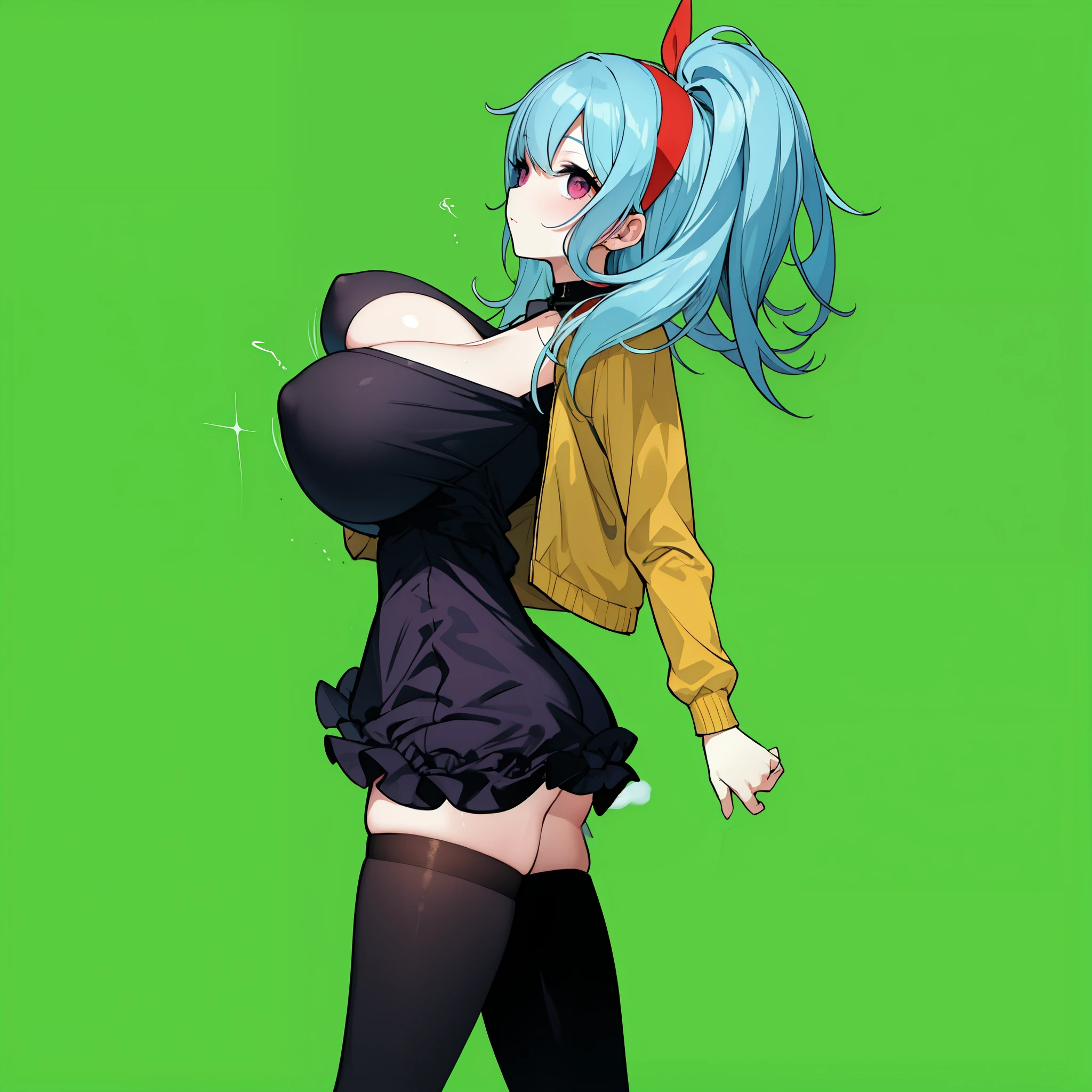 1 skinny girl, solo, light blue hair, side face, BREAK, red headband, BREAK, (dark purple eye:1.4), bending back, looking at viewer, BREAK, black plunging neckline short dress, dark yellow cropped jacket, black thighhighs, BREAK, (bouncing unaligned long huge breasts:1.5), very short torso, (inconceivably narrow waist), thin long legs, BREAK, (show off crotch:1.4), BREAK, strong wind, (slipping hip)