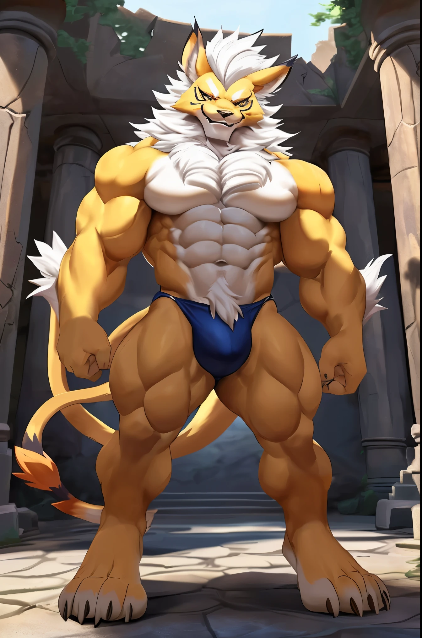 Male. Leomon. Digimon), standing on your feet, solo, nj5furry, (Leomon, massive, huge, young face, , bodybuilders body), Leomon, ((extremely realistic shadows, masterpiece, extremely detailed, photorealistic)), kemono, young, teen16 years)), firm back, massive back, round butt, firm and shapely buttocks, back, broad shoulders, standing on your back, firm buttocks, round buttocks, shapely buttocks, massive and very muscular back, (((white mane))) Leomon, ((detailed face)) nose, red eyes, ((detailed eyeischievous smile, mischievous expression, white teeth, mouth slightly open, red tongue, skin, fur, hair, sexy, height 3 meters high, the optimal height, tight clothing, body full of muscleuscle bulge pecs, bulge in the crotch, massive ripped abs, V-shaped body, thick waist, long legs, strong arms manly, handsome face, attractive cool calm face type with a cold smile, bodybuilder body, topless. Ruins of a Jedi temple behind him; bulge in the crotch, wears a tiny tight thong that reveals huge, muscular thighs, bulge biceps, looking at viewer. Singlelightsource, Sharp shadows, Single portrait,drools