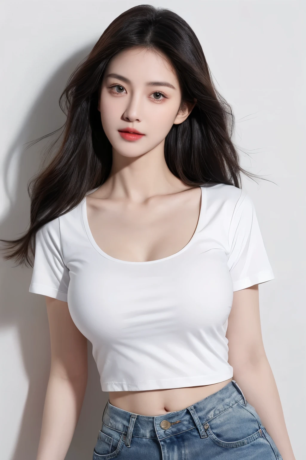 (lifelike,high resolution:1.3), A slim girl, The face shape and eyes are super delicate,black hair,red glossy lips,(beautiful face), (best quality), (Super detailed), (Extremely detailed CG unified 8k wallpaper),((T-SHIRT)),(White background),(A little cleavage),(Model photo),sexy look,big eyes,(standing),(denim skirt),Eyes look at the audience,soft breasts,very realistic breasts,Straight chest,Character centered,black hair,Model posing,(Slim waistline)
