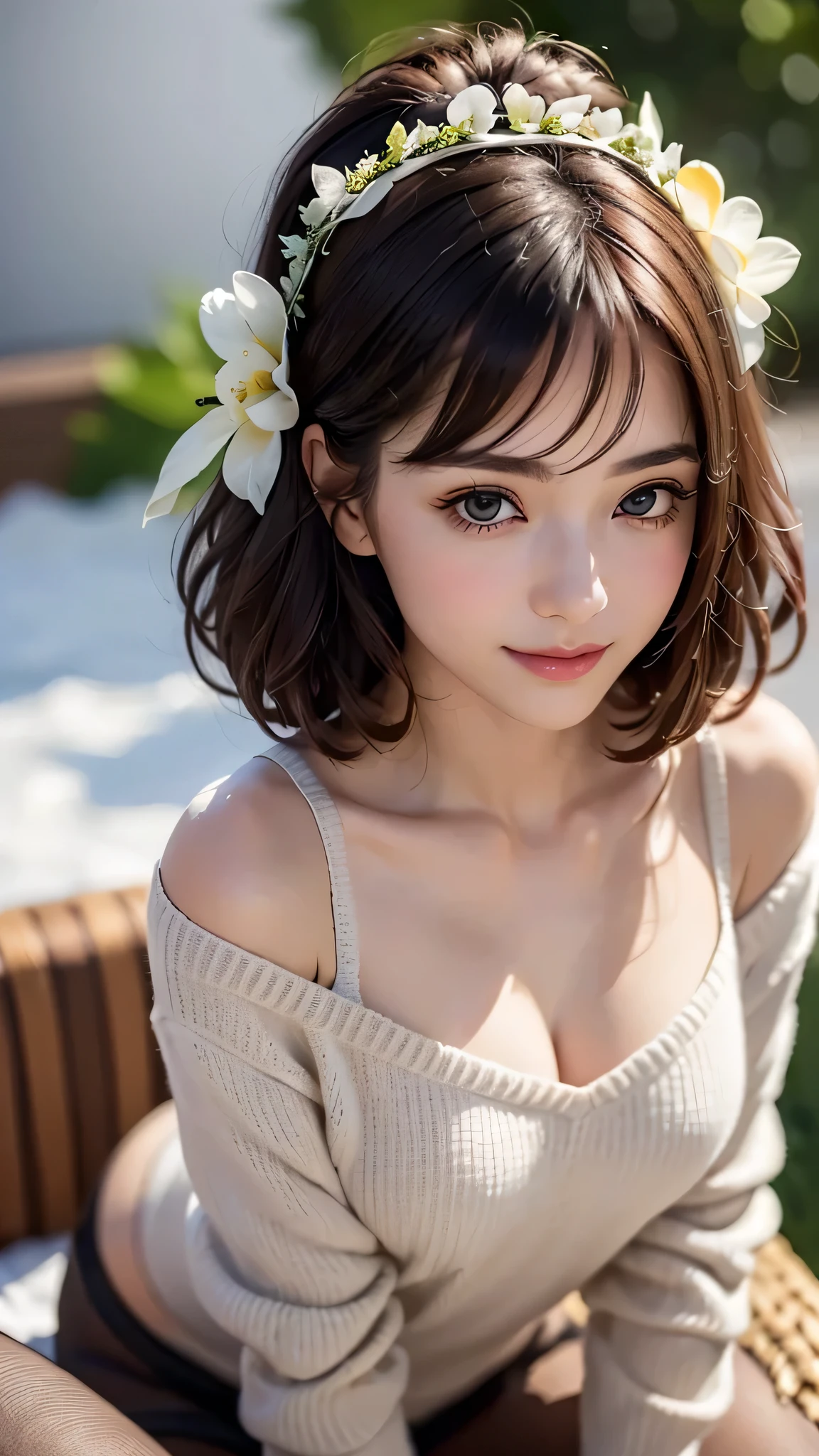 ((of the highest quality, 8K, masutepiece: 1.3, Raw photo)), Sharp Focus: 1.2, (1 AESPA Girl :1.1), (Solo: 1.2), (Realistic, Photorealistic: 1.37), (Face Focus: 1.1), Cute face, hyper detailed face, Small breasts, flat chest, Short messy hair, Small Smile, full nude, cafe, flower, Cattleya