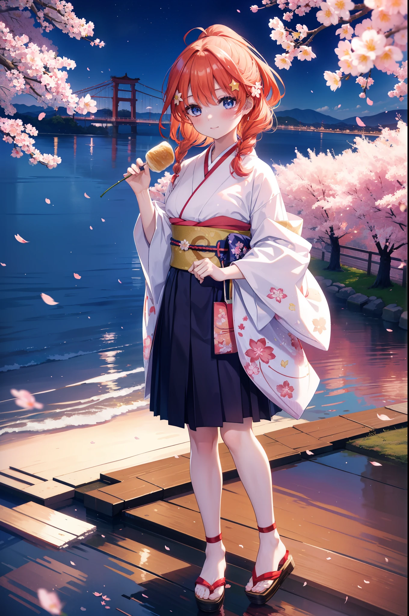 itsukinakano, Itsuki Nakano, bangs, blue eyes, hair between eyes, Ahoge, redhead, star \(symbol\), hair ornaments, star hair ornaments,short braided hair,ponytail,smile,blush,Gorgeous kimono with red floral pattern,Large sleeves,Zori sandals,Cherry blossom tree-lined path,The cherry blossoms have bloomed,Cherry blossoms are scattered,night,moonlight,Tsukimi cherry blossoms,spring,walk, anime girl with bag of food and bread,
break outdoors, garden,
break (masterpiece:1.2), highest quality, High resolution, unity 8k wallpaper, (figure:0.8), (detailed and beautiful eyes:1.6), highly detailed face, perfect lighting, Very detailed CG, (perfect hands, perfect anatomy),