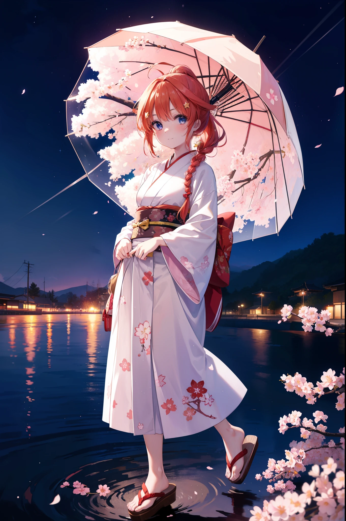 itsukinakano, Itsuki Nakano, bangs, blue eyes, hair between eyes, Ahoge, redhead, star \(symbol\), hair ornaments, star hair ornaments,short braided hair,ponytail,smile,blush,Gorgeous kimono with red floral pattern,Large sleeves,Zori sandals,Cherry blossom tree-lined path,The cherry blossoms have bloomed,Cherry blossoms are scattered,night,moonlight,Tsukimi cherry blossoms,spring,walk, anime girl with bag of food and bread,
break outdoors, garden,
break (masterpiece:1.2), highest quality, High resolution, unity 8k wallpaper, (figure:0.8), (detailed and beautiful eyes:1.6), highly detailed face, perfect lighting, Very detailed CG, (perfect hands, perfect anatomy),