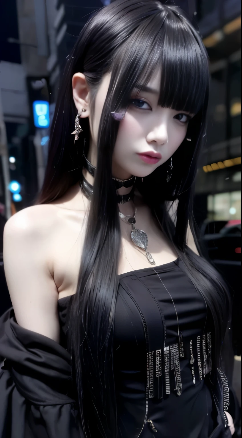 4k-ultra sharp、highest quality, masterpiece, ultra high resolution, (reality: 1.4), 1 girl, purple eyes, off shoulder, cinematic lighting、purple and black hair、mine girl、mine makeup、Pierced ears、big breasts、black t-shirt、dark mini skirt、((dark makeup、oil skin,sparkling skin、realistic skin texture、detailed beautiful skin、shiny skin)), dark downtown area at night、kabukicho、Dark Cyberpunk、(full shot:1.8)
