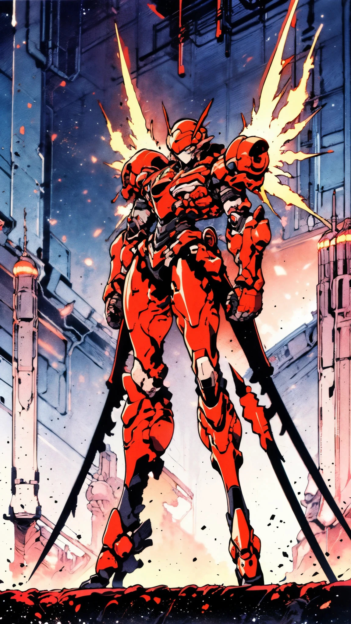A woman adorned in fantasy-style full-body armor, a crown-concept fully enclosed helmet that unveils only her eyes, a composite layered chest plate, fully encompassing shoulder and hand guards, a lightweight waist armor, form-fitting shin guards, the overall design is heavy-duty yet flexible, ((the armor gleams with a golden glow, complemented by red and blue accents)), exhibiting a noble aura, she floats above a fantasy-surreal high-tech city, this character embodies a finely crafted fantasy-surreal style armored hero in anime style, exquisite and mature manga art style, (Queen bee mixed with Spider concept Armor, plasma, blood), ((Element, energy, elegant, goddess, femminine:1.5)), metallic, high definition, best quality, highres, ultra-detailed, ultra-fine painting, extremely delicate, professional, anatomically correct, symmetrical face, extremely detailed eyes and face, high quality eyes, creativity, RAW photo, UHD, 32k, Natural light, cinematic lighting, masterpiece-anatomy-perfect, masterpiece:1.5