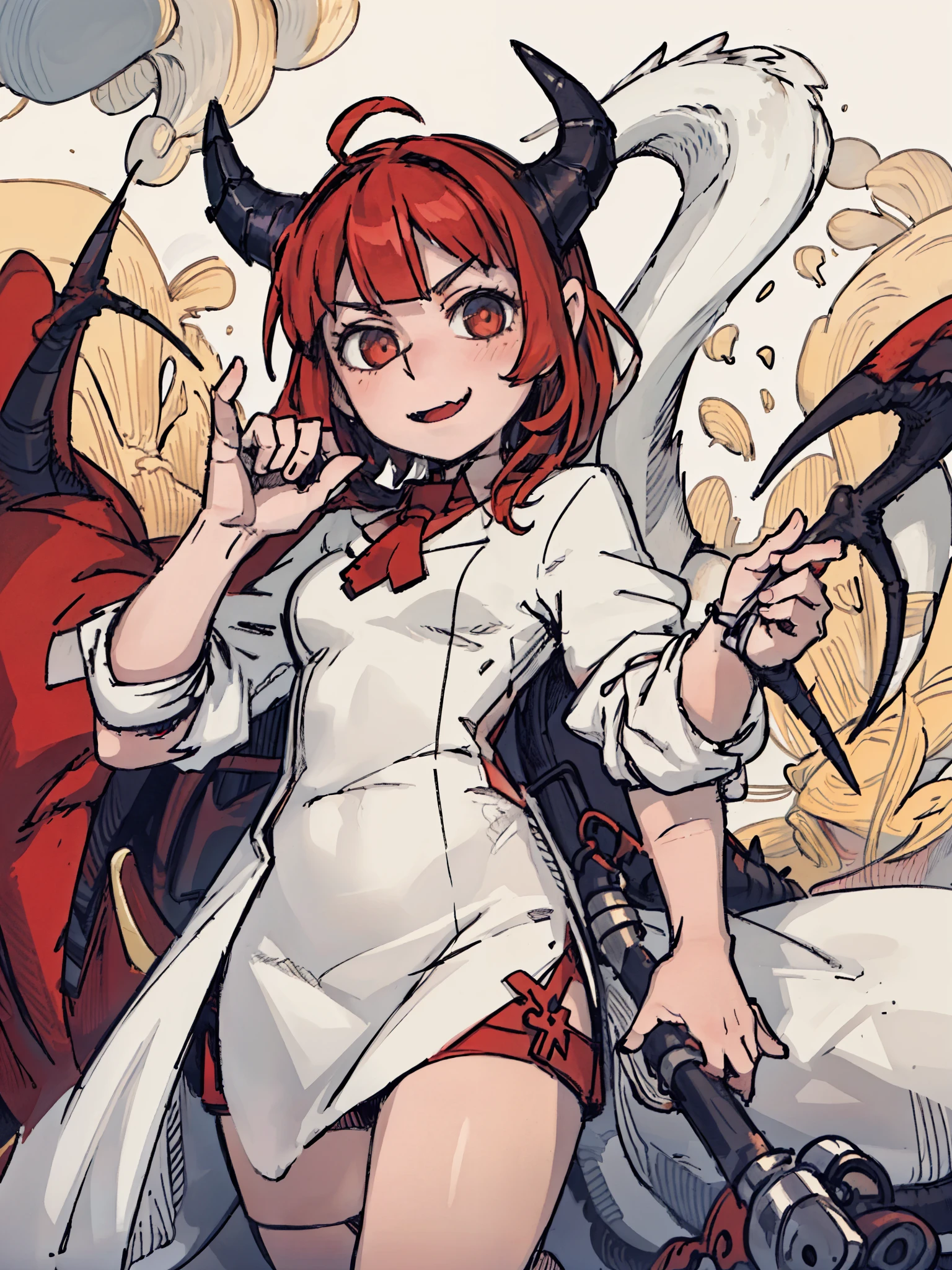 ((A little loli,Little girlfriend,12 years old,Dragon Girl,red hair,dragon horns on head,)),front,Half body,Dragon people,white dress,red cloak,cute,pride,Different world,middle Ages,White background
