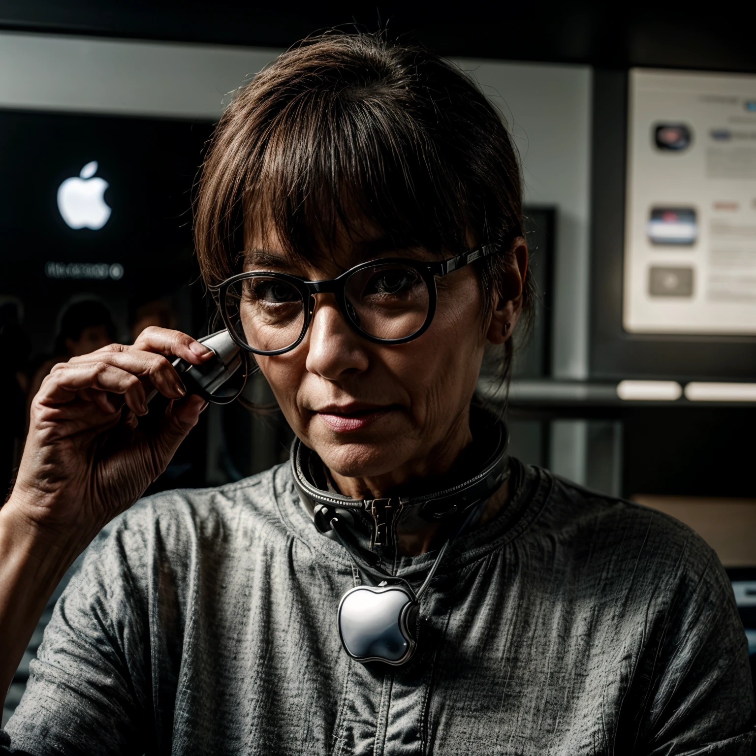 A 50 year old person using high technology of 2050 , everything modernized , high tech devices, apple vision