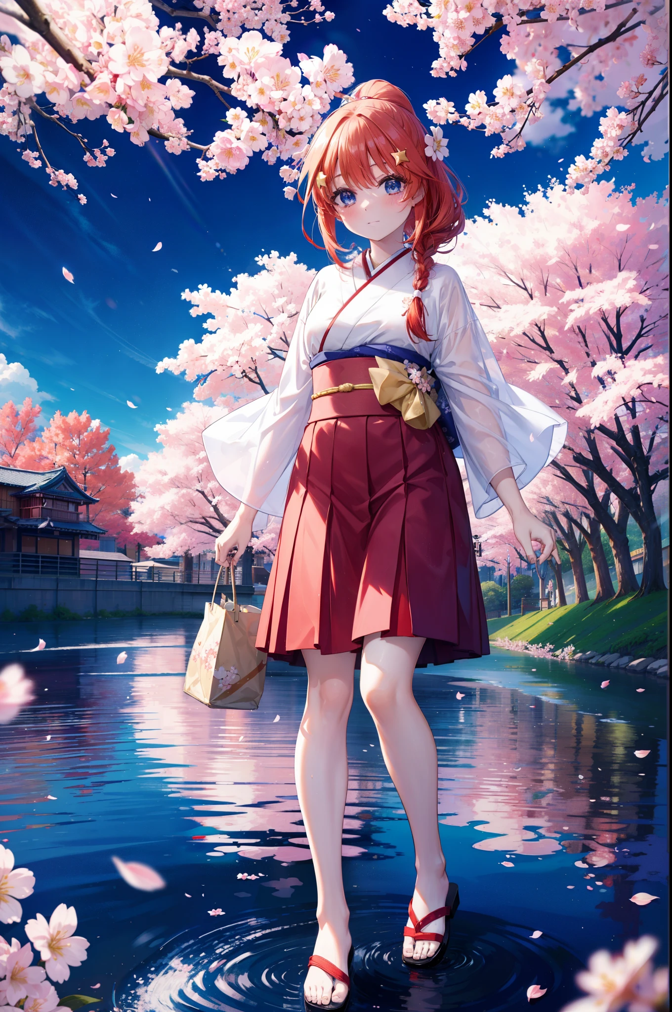 itsukinakano, Itsuki Nakano, bangs, blue eyes, hair between eyes, Ahoge, redhead, star \(symbol\), hair ornaments, star hair ornaments,short braided hair,ponytail,smile,blush,Gorgeous kimono with red floral pattern,Large sleeves,Zori sandals,Cherry blossom tree-lined path,The cherry blossoms have bloomed,Cherry blossoms are scattered,night,moonlight,Tsukimi cherry blossoms,spring,walk, anime girl with bag of food and bread,
break outdoors, Cherry blossom tree-lined path,
break (masterpiece:1.2), highest quality, High resolution, unity 8k wallpaper, (figure:0.8), (detailed and beautiful eyes:1.6), highly detailed face, perfect lighting, Very detailed CG, (perfect hands, perfect ???????),