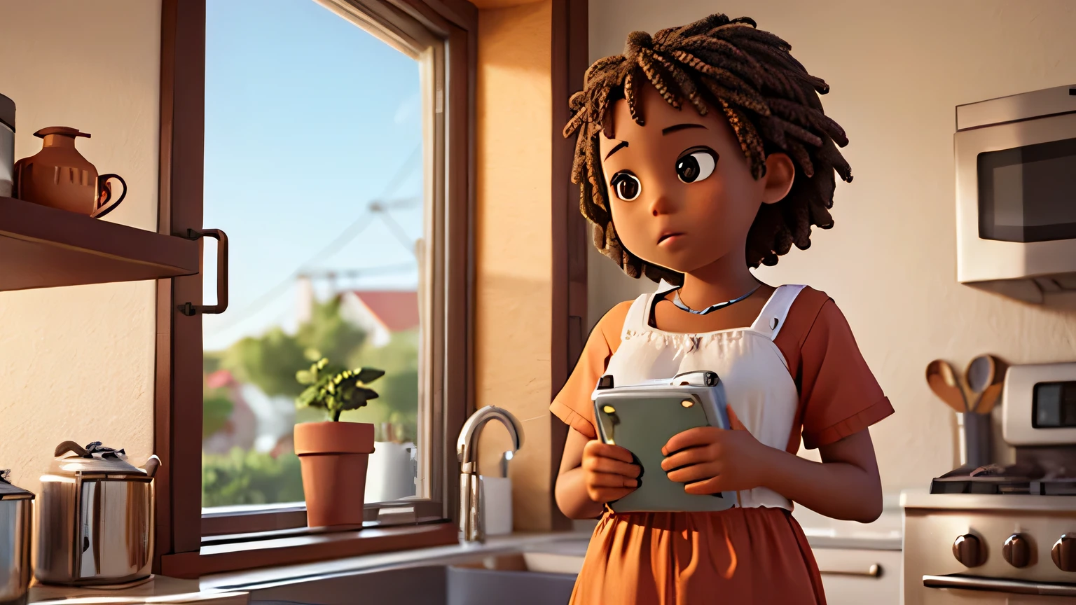 a african american girl is looking from window
