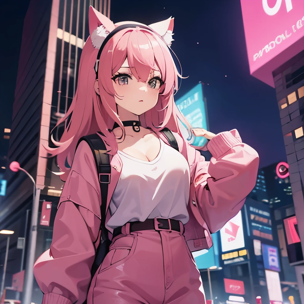 Sexy Lofi girl with cat ears on her head, pink hair, medium sized breasts, pink hair and white clothes walking in side perspective, with headphones in night cyberpunk city