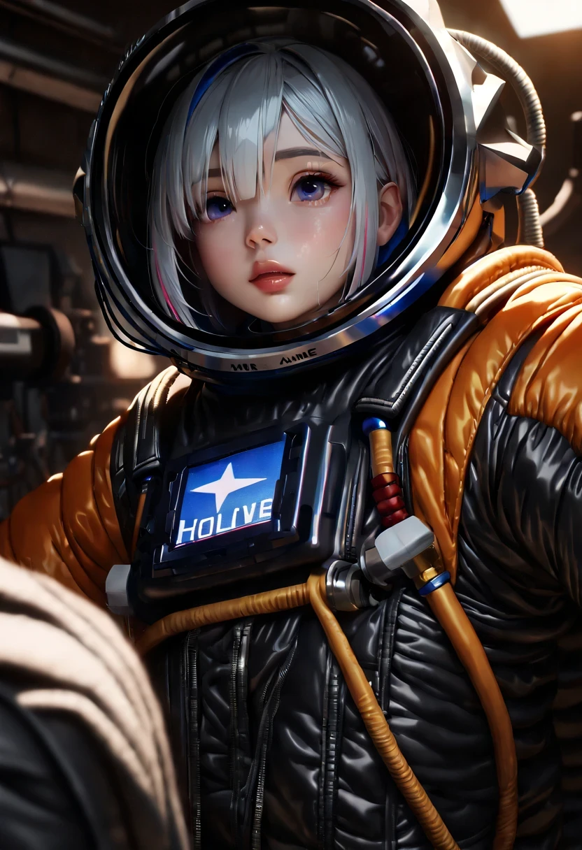 Ganado/(Holographic live broadcast/), (best quality,4k,8k,high resolution,masterpiece:1.2),Super detailed,actual:1.37,,Wearing a stylish black space suit,Beautiful and delicate eyes,Beautiful and delicate lips,bright colors,studio lighting,sharp focus