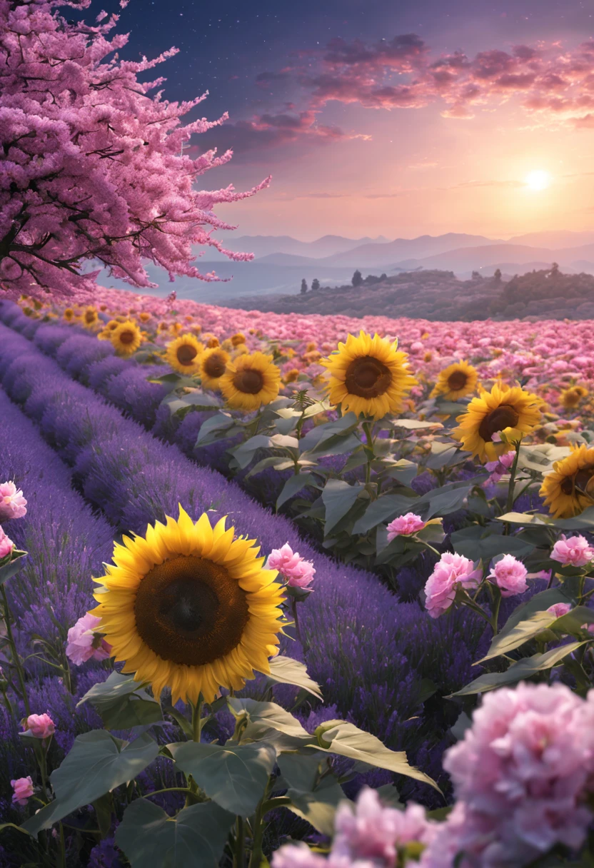sea of flowers/Sea of flowers/sea of flowers sunflowers.Lavender.Cherry blossoms.Various varieties of roses.A sky full of stars.violet flower.(best quality,4k,8k,high resolution,masterpiece:1.2),Super detailed,(actual,photoactual,photo-actual:1.37),Sea of flowers景观
